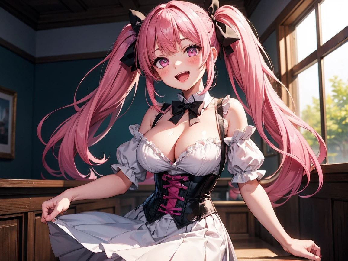 1girl,breasts,pink_hair,solo,twintails,cleavage,pink_eyes,looking_at_viewer,fang,large_breasts,long_hair,open_mouth,areola_slip,smile,bangs,blush,hair_ribbon,corset,black_bowtie,:d,sidelocks,skirt,hair_intakes,hair_bow