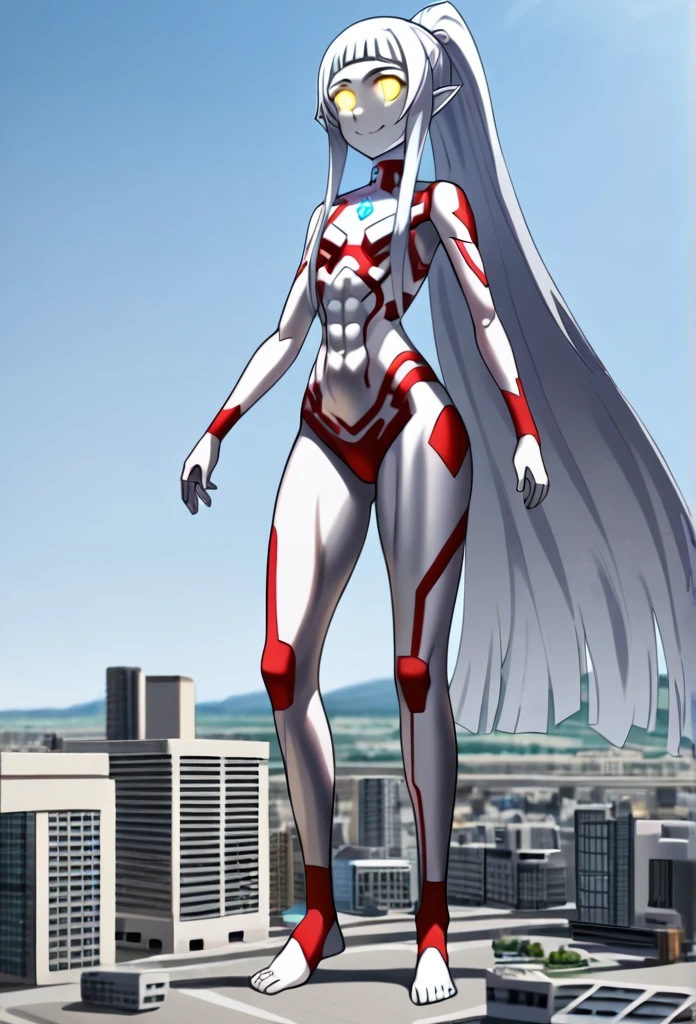 1girl, solo, anime style, 4k quality, masterpiece, best quality, sword art online, yui, long hair, blunt bangs, white hair, very long hair, high ponytail, pointy ears, elf, barefoot, ultrawoman, robot, colored skin, glowing eyes, yellow eyes, flat chest, giantess, giant, metallic face, metallic skin, shiny skin, chrome skin, gem on chest, colour timer on chest, chest jewel, blue jewel, muscular, abs, Female Bodybuilding Style, ultra beam, thick_thighs, looking at viewer, full body, smile, closed mouth, standing, giantess, outdoor, city, citycape, skyscraper