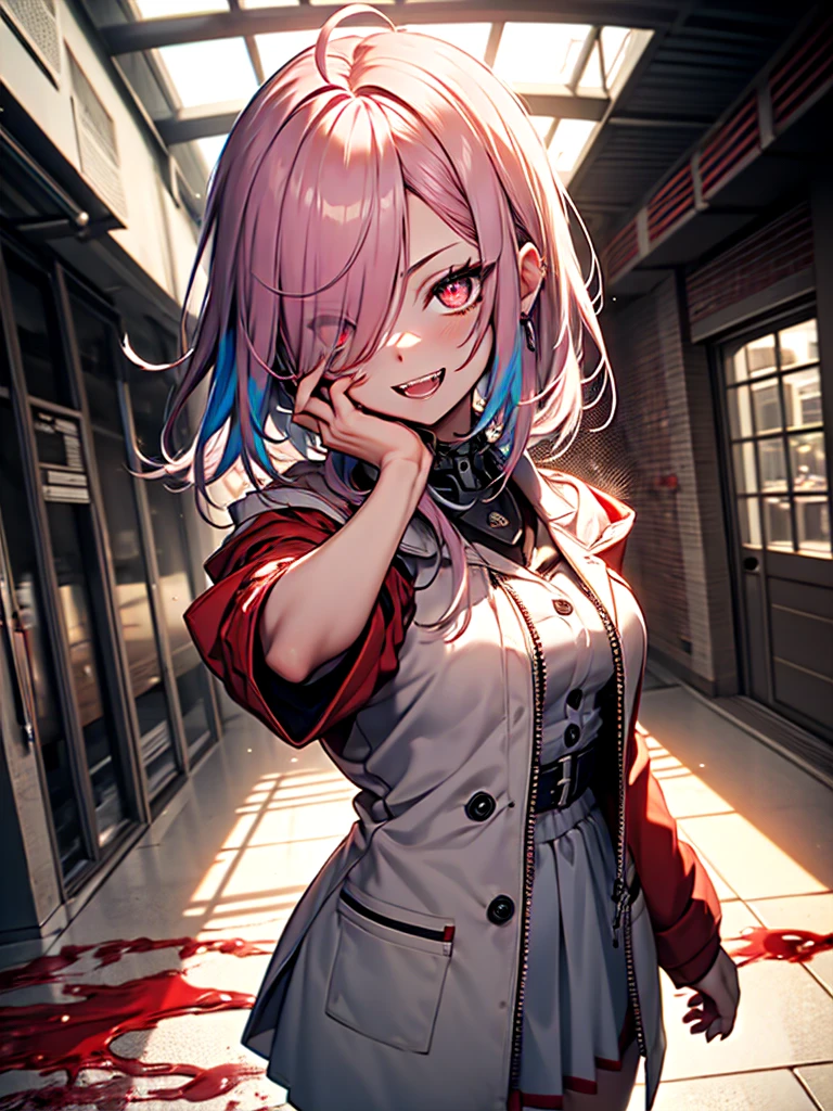 1girl, long hair, teeth, solo, blood on clothes, sharp teeth, red eyes, smile, looking at viewer, blood, hair between eyes, white hair, dress, pink hair, white dress, bangs, blood on hands, claws, messy hair, indoors, colored skin, grin, glowing, buttons, glowing eyes, blood on face, cowboy shot, fingernails, horror (theme), eyes visible through hair, parted lips, open mouth, standing, science fiction, very long hair, breasts, floating hair, blood in hair, crazy eyes, crazy smile, ringed eyes, ahoge, skirt, extra arms, white skin, evil smile, mechanical arms, pale skin, monster girl, white skirt, small breasts, long sleeves, blood stain, wooden floor, hand up, zipper, sharp fingernails, evil grin, hallway, extra eyes, shirt, hand on own face, monster, red theme, red skin, labcoat, tube, prosthesis, dutch angle, @_@, pleated skirt, eyelashes, oversized limbs, sidelocks, long fingernails, signature, blood splatter, hair over one eye, fang, door, blood on arm, red hair, fangs, pink eyes, prosthetic arm, medium breasts, blush, multicolored hair, mechanical parts, head tilt, antenna hair, artist name, slit pupils, window, upper body, light, symbol-shaped pupils, red pupils, white shirt, :d, short sleeves, clenched teeth, cable, red sclera, veins, train interior, zipper pull tab, jewelry, collared dress, colored eyelashes, double-breasted, pleated dress, albino, coat, from below, wide-eyed, fisheye, shaded face, ceiling, looking down, white coat, shadow, cyborg,
