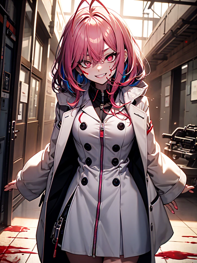 1girl, long hair, teeth, solo, blood on clothes, sharp teeth, red eyes, smile, looking at viewer, blood, hair between eyes, white hair, dress, pink hair, white dress, bangs, blood on hands, claws, messy hair, indoors, colored skin, grin, glowing, buttons, glowing eyes, blood on face, cowboy shot, fingernails, horror (theme), eyes visible through hair, parted lips, open mouth, standing, science fiction, very long hair, breasts, floating hair, blood in hair, crazy eyes, crazy smile, ringed eyes, ahoge, skirt, extra arms, white skin, evil smile, mechanical arms, pale skin, monster girl, white skirt, small breasts, long sleeves, blood stain, wooden floor, hand up, zipper, sharp fingernails, evil grin, hallway, extra eyes, shirt, hand on own face, monster, red theme, red skin, labcoat, tube, prosthesis, dutch angle, @_@, pleated skirt, eyelashes, oversized limbs, sidelocks, long fingernails, signature, blood splatter, hair over one eye, fang, door, blood on arm, red hair, fangs, pink eyes, prosthetic arm, medium breasts, blush, multicolored hair, mechanical parts, head tilt, antenna hair, artist name, slit pupils, window, upper body, light, symbol-shaped pupils, red pupils, white shirt, :d, short sleeves, clenched teeth, cable, red sclera, veins, train interior, zipper pull tab, jewelry, collared dress, colored eyelashes, double-breasted, pleated dress, albino, coat, from below, wide-eyed, fisheye, shaded face, ceiling, looking down, white coat, shadow, cyborg,
