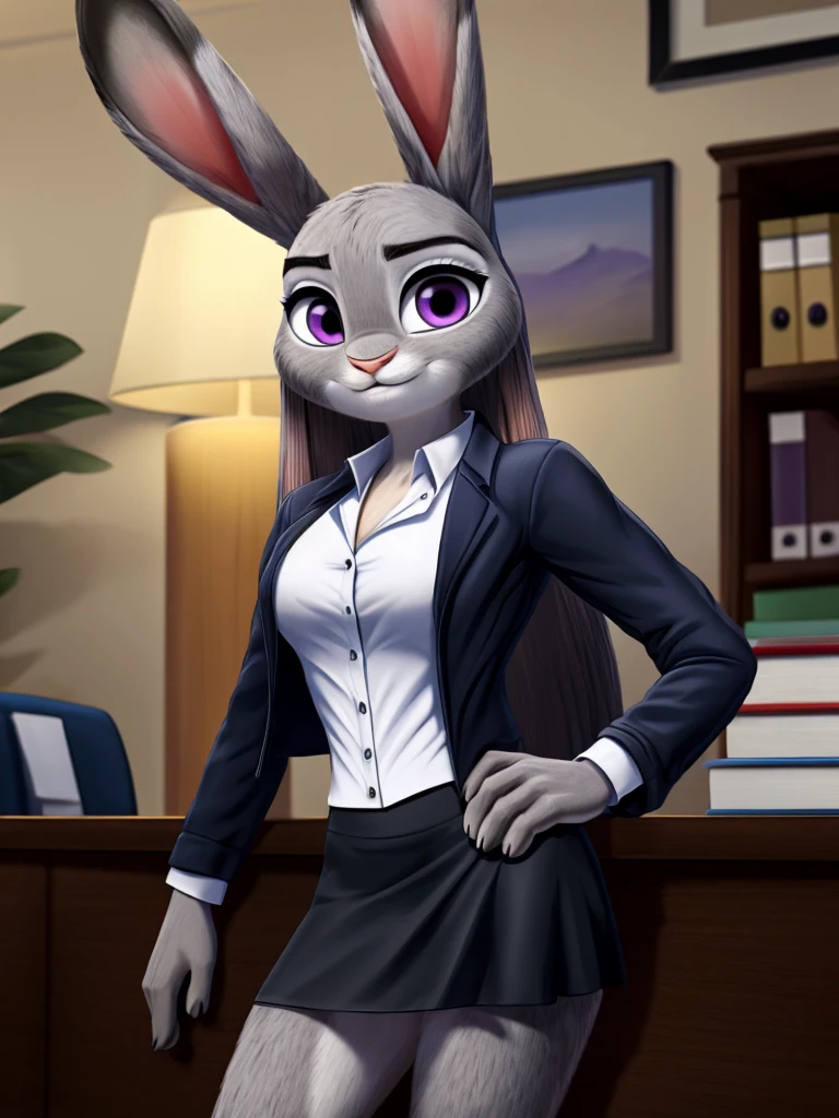 best quality,
masterpiece,
High quality
ultra-detailed
beautiful detailed,
hyper Realistic,
Portrait,
Looking at the audience,
detailed background,
background is an office,

(Face is JudyHopps:1.15),
NamiFinal,
((long straight hair)),
wispy bangs, bangs,
purple eyes,
(arched eyebrows:1.1),
(uplift eyebrows:1.1),
(rabbit ears:1.1),

office lady is wearing suit,
((White blouse)),
((Black blazer jacket)),
((Black skirt)),
clothes made of cotton,

(body is gray felt:1.3),
human hands,

(solo:1.5),
(1 lady:1.5),
one character only
alone,
Perfect Anatomy