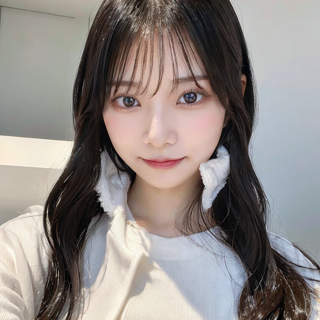 whiteroom, 1 person, Japanese woman, look at the camera, 24yo, H~I cup, model's expression, silver ratio, cute, middle black hair, idol, erotic, eye color brown, dimples,