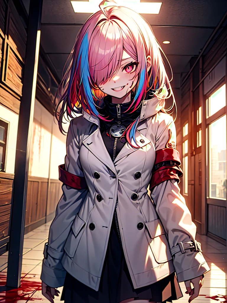 1girl, long hair, teeth, solo, blood on clothes, sharp teeth, red eyes, smile, looking at viewer, blood, hair between eyes, white hair, dress, pink hair, white dress, bangs, blood on hands, claws, messy hair, indoors, colored skin, grin, glowing, buttons, glowing eyes, blood on face, cowboy shot, fingernails, horror (theme), eyes visible through hair, parted lips, open mouth, standing, science fiction, very long hair, breasts, floating hair, blood in hair, crazy eyes, crazy smile, ringed eyes, ahoge, skirt, extra arms, white skin, evil smile, mechanical arms, pale skin, monster girl, white skirt, small breasts, long sleeves, blood stain, wooden floor, hand up, zipper, sharp fingernails, evil grin, hallway, extra eyes, shirt, hand on own face, monster, red theme, red skin, labcoat, tube, prosthesis, dutch angle, @_@, pleated skirt, eyelashes, oversized limbs, sidelocks, long fingernails, signature, blood splatter, hair over one eye, fang, door, blood on arm, red hair, fangs, pink eyes, prosthetic arm, medium breasts, blush, multicolored hair, mechanical parts, head tilt, antenna hair, artist name, slit pupils, window, upper body, light, symbol-shaped pupils, red pupils, white shirt, :d, short sleeves, clenched teeth, cable, red sclera, veins, train interior, zipper pull tab, jewelry, collared dress, colored eyelashes, double-breasted, pleated dress, albino, coat, from below, wide-eyed, fisheye, shaded face, ceiling, looking down, white coat, shadow, cyborg,