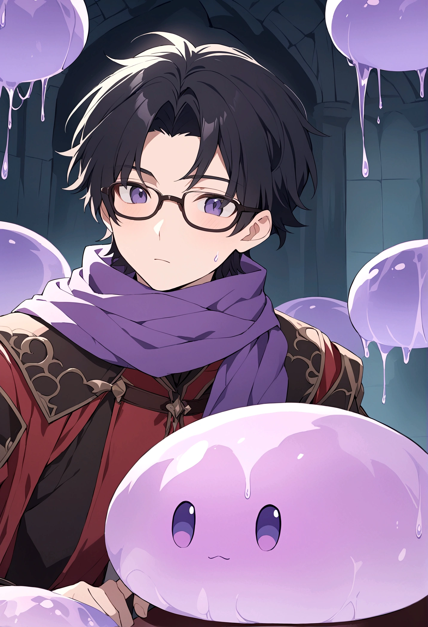 Male gender person, set in a fantasy world, 17 years, short black hair, black glasses, purple scarf, black and red medieval style clothing, with purple slime
