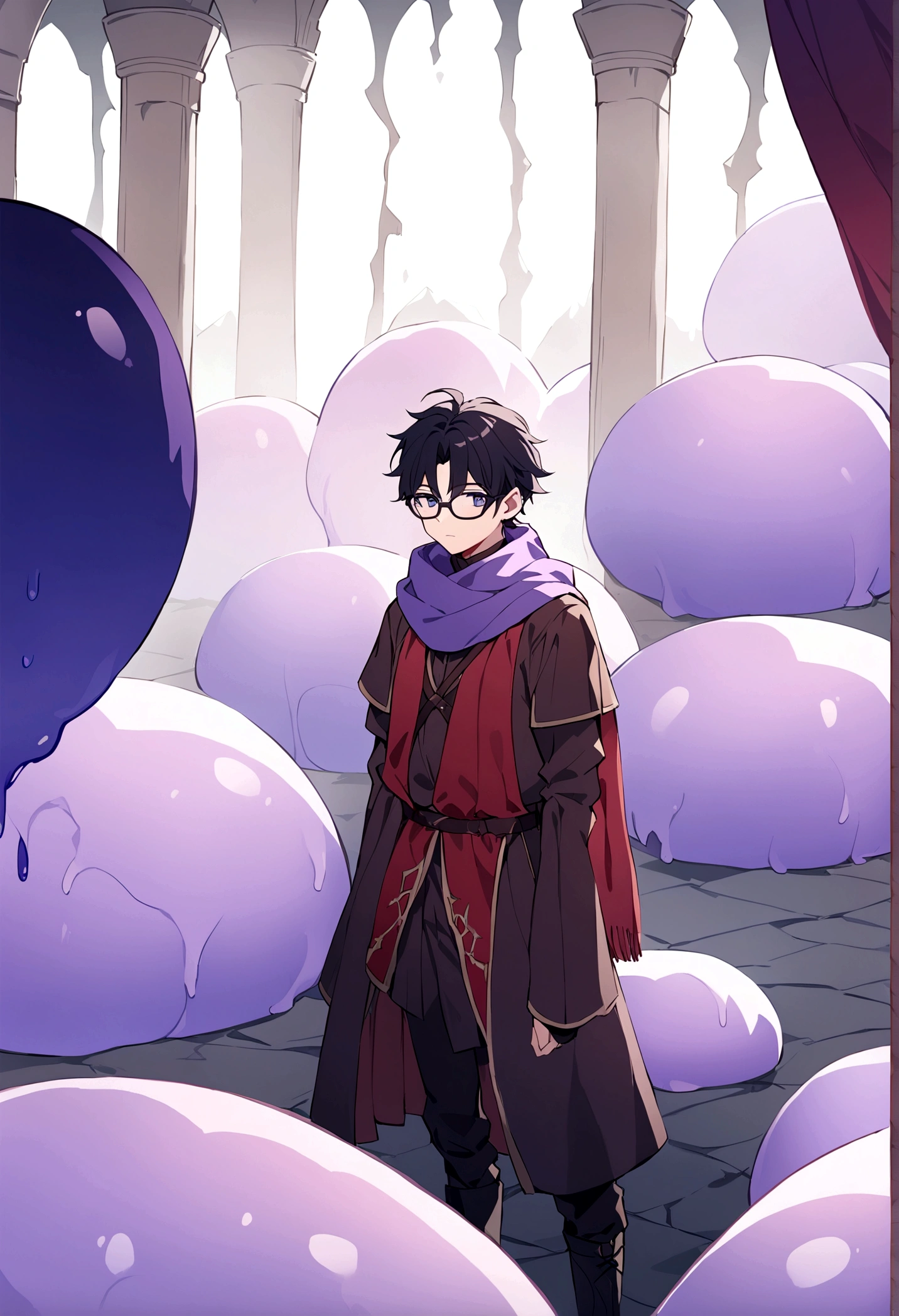 Male gender person, set in a fantasy world, 17 years, short black hair, black glasses, purple scarf, black and red medieval style clothing, with purple slime