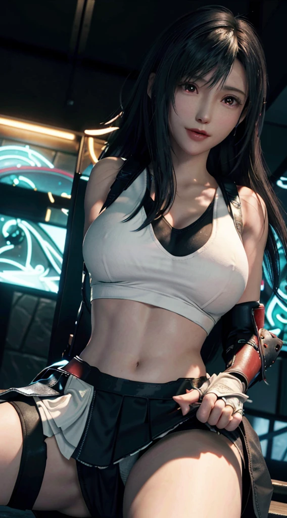 (8k、Highest quality、masterpiece:1.2)、(Realistic、Realistic:1.3 people 7)、Very detailed、girl 1 mature mature woman mature woman people、cute、alone、、、、、、(Tifa Lockhart)、(Large Breasts)、(((Huge boobs)))、(((Shift clothes to show bra)))、(((Black Bra)))、(Beautiful Eyes)、(A cheerful smile:1.2)、(Closed)、Sexy pose、dance、neon、Cityscape、Depth of written boundary、Dark and strong shadows、Sharp focus、Auto、Motion Blur、Depth of written boundary、composition、Red nose、Dark black hair、Elbow hand pockets、Fingerless gloves、Tight shirt、Play sports often、Black Skirt)、tights、White tank top、whole body、Headrest、(night:1.3)、Complex、Bokeh、Cinema Lighting、Photon Mapping、Radio City、Physically Based Rendering、Browsing Caution、Perfect breasts、(((Spread your legs)))、(((White panties are visible)))(Body facing towards the camera)、((Under the skirt))、((A woman rolling up her skirt))、((View from below:1.4))、((Panties close up:1.5))