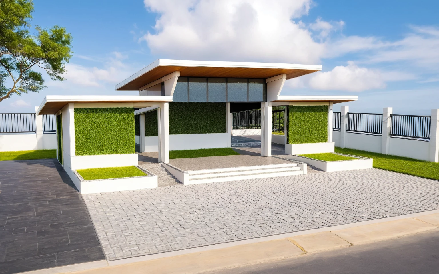 Masterpiece, high quality, best quality, authentic, super detail, outdoors, huts style modern, white wall, glass windows, gate road,pavement, grass, trees,blue sky, cloud, (day:1.1), realistic lighting
