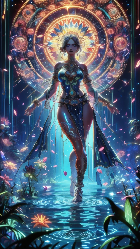 ((Giant goddess,Styx,flower:1.2)),(raise arms),(perfect composition),photobash,(insane detailed),(realistic,ultra-realistic:1.2),
(kaleidoscope,halo,magic circle,constellation:1.3),(natural beauty,Entwined by plants,floating,(petals), water,ripples,standing on liquid:1.3),(Long floating hair,carefully cut hairstyle:1.3),(dramatic,imagination,Mythic,religion,Epic,space opera,Terrible hallucination,extremely absurd,beautiful and aesthetic,dreamlike:1.3),(loincloth,side slit,dress,pelvic curtain,clothing cutout,anklet,armlet,sandals:1.3),(realistic hands:1.3),
(anatomically correct),(Elegant charm,beautiful image,femme fatale:1.3),(athletic hourglass figure:1.4),(grey eyes,Realistic eyes:1.3),(perfect face,lipstick,heavy makeup:1.3),
SAIBOSENLIN,GLOWING,glowing plants,(glowing tattoos:1.2),neon lights,low key,