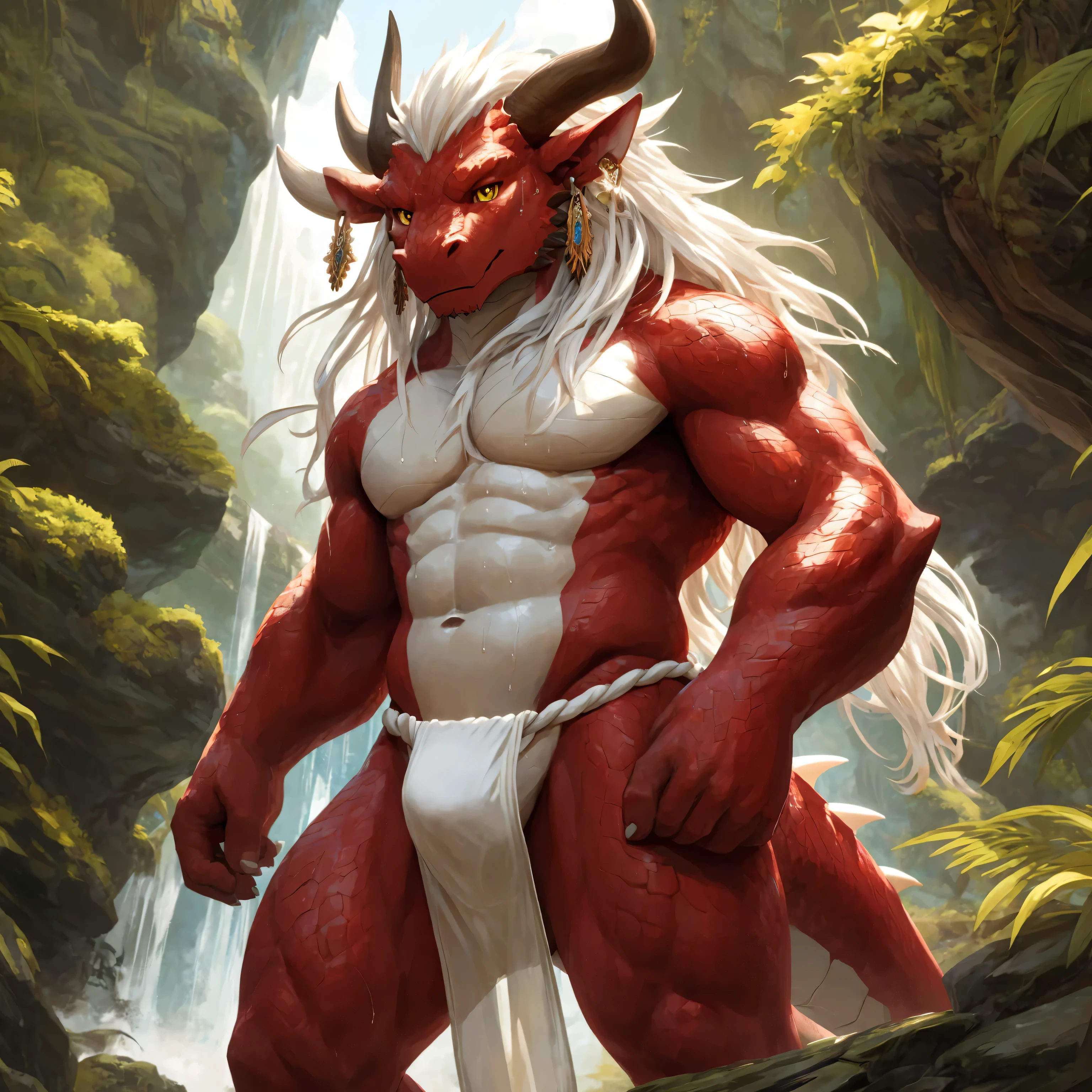 ultra-detailed, masterpiece, masterwork, high quality, best quality, hdr, (nature), nsfw, male, solo, chibi, dragon, ((nude, fundoshi)), (little red body minotaur), (white body), (long golden hair, yellow eyes, cool eyes), standing, cross your arms, dynamic angle, earrings, sweat