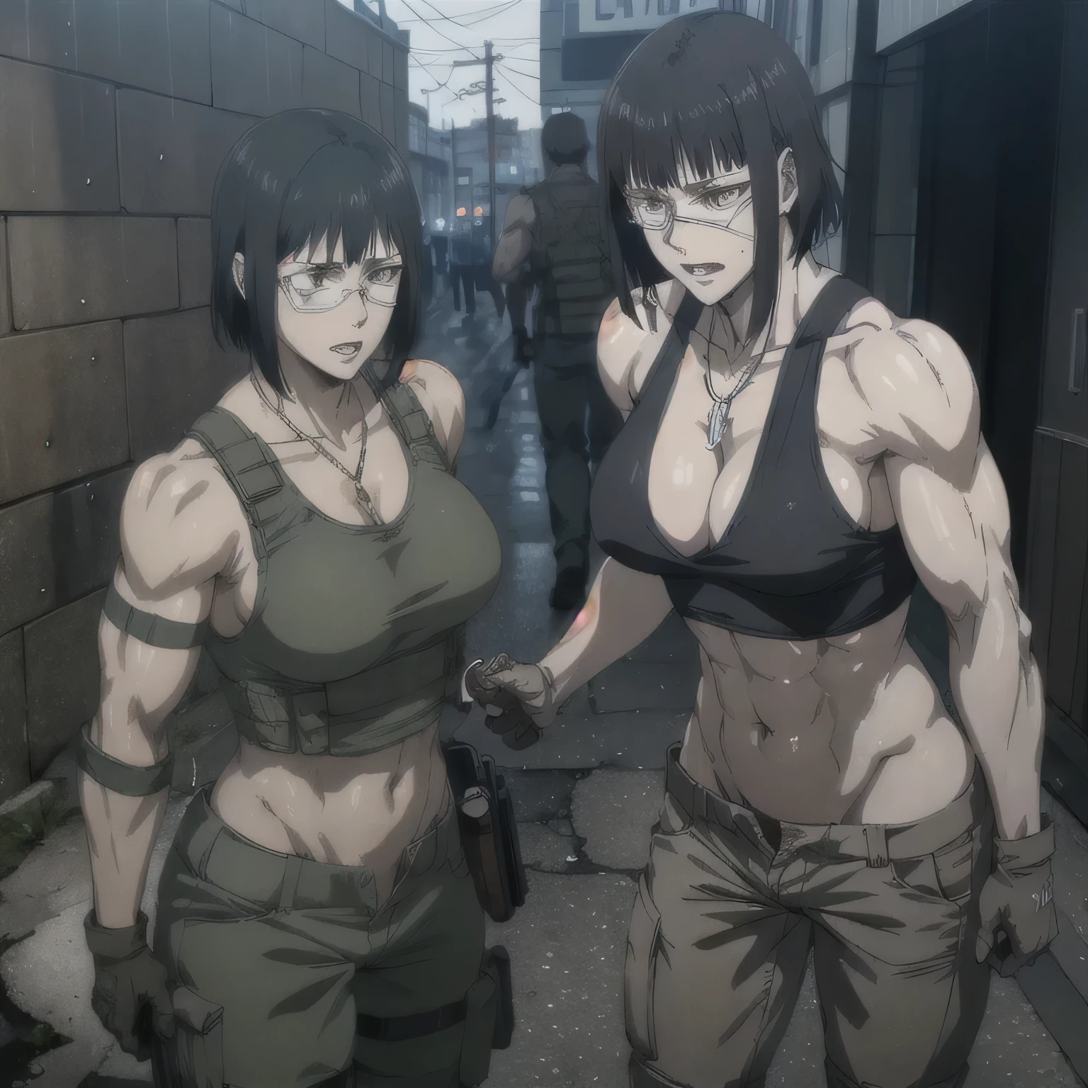 (best quality,ultra-detailed,realistic:1.37),musclaur badass Valmet with sculpted body with preview her musclaur body and six-pack, full review of the female character face and body, intense expression,studio lighting, vivid colors, physiologically-based rendering, grungy texture, rugged background, dust particles in the air, commanding presence, professional, powerful, gritty aesthetics,،short hair،tattoos on shoulders,,Shining muscles, muscle protrusion,Valmet have a sex muscles,eyepatch,penis,wet body,wet clothes,white skin,water dropped on body,Shining skin,combat trousers,tank top female inside open vest, dog tags, gloves,ammunition belt,in rainy weather,street rainy,ralk on streets
