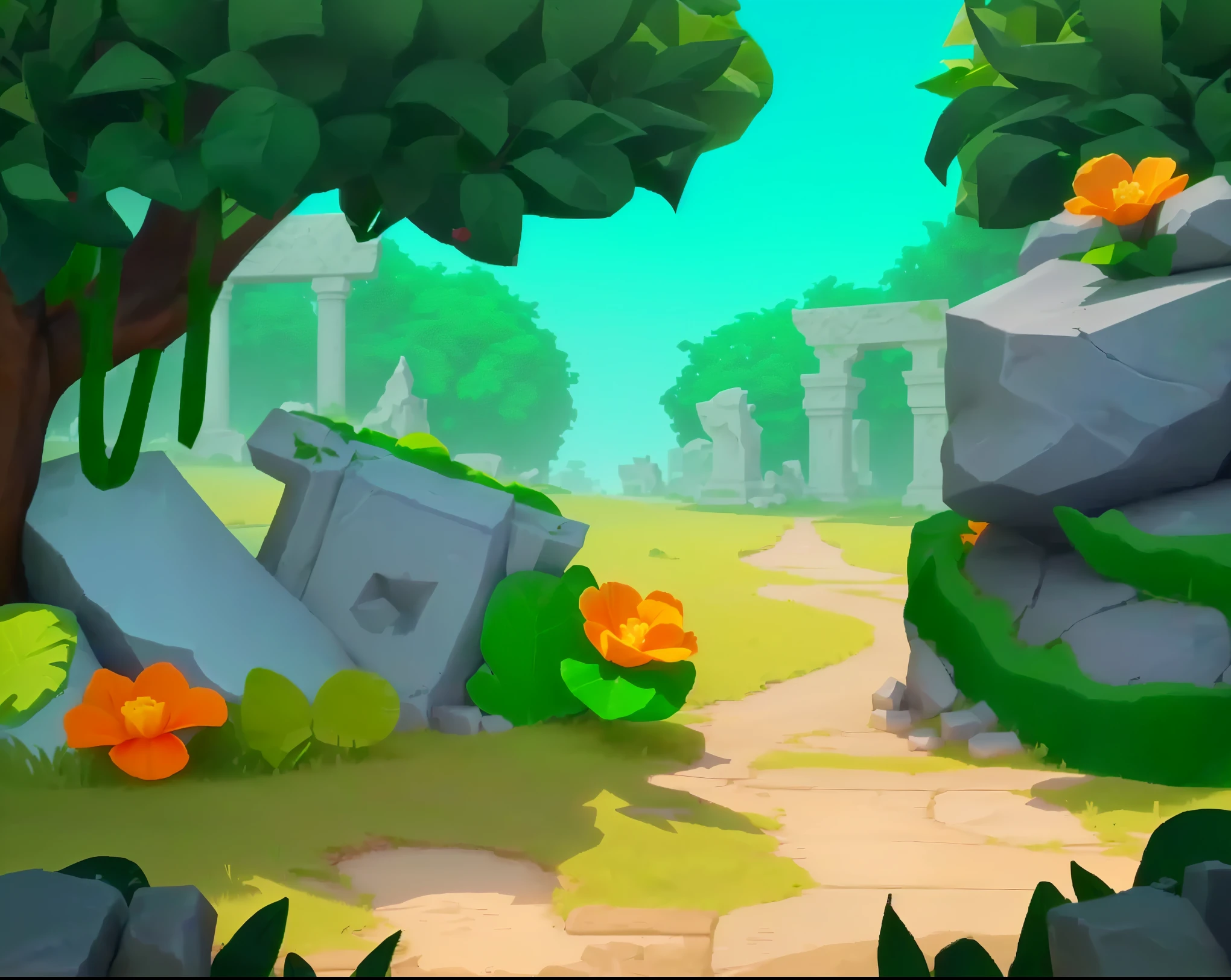 Game Architecture Design, Cartoon, Stone Statues, Ruins, Vines, Jungle, Grass, Flowers, Trees, Leisure Game Style, 3D, Mixer, Masterpiece, Super Details, Best