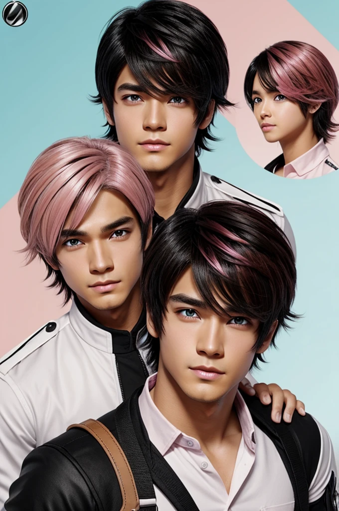 My hero academy male character, the left eye is brown and the right eye is white., shoulder length black hair with pink highlights, blushing