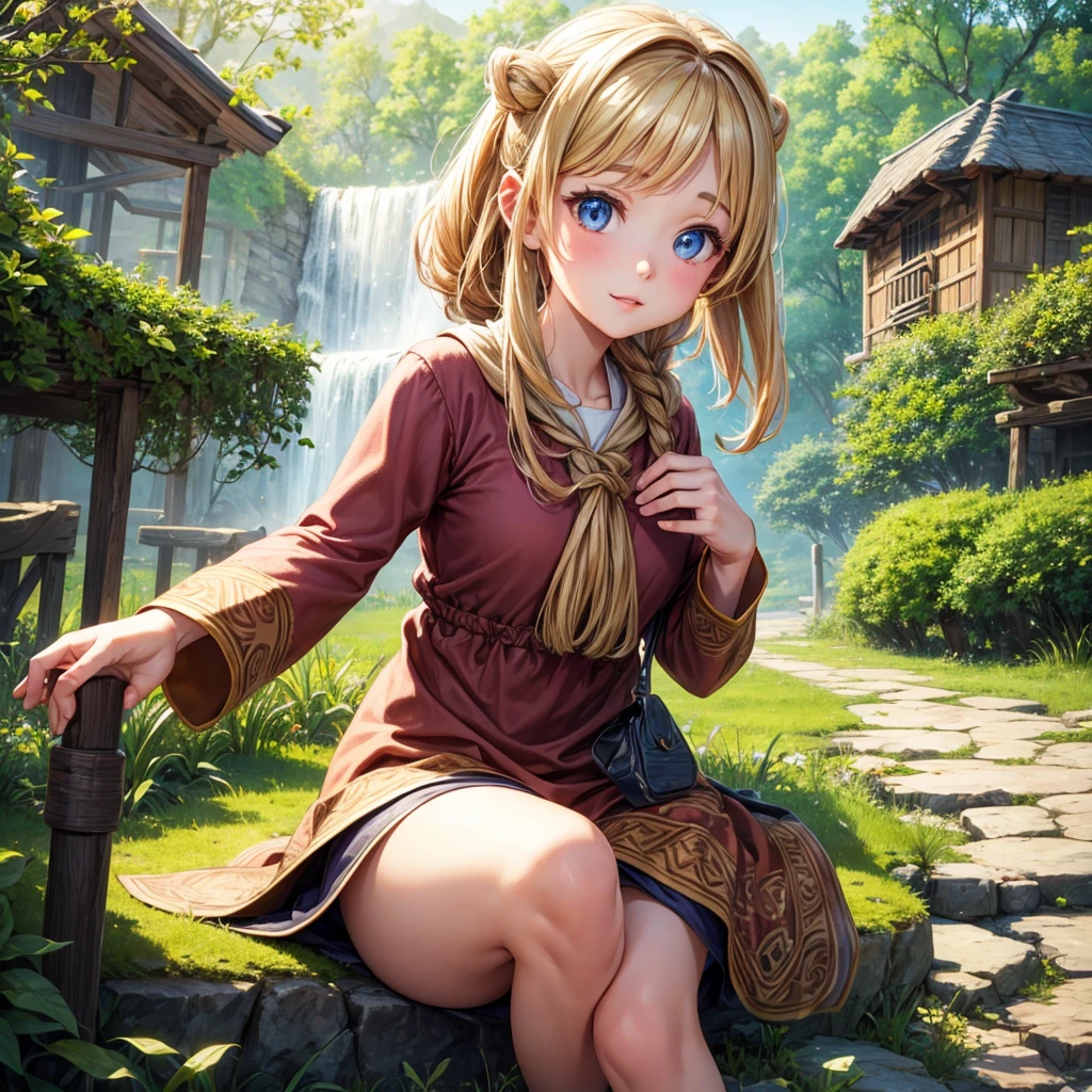 background nature village and warm, 1 girl with beautyfull eyes good body realistic hand outfit villager but elegant