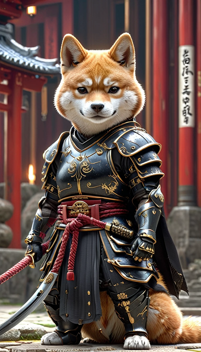 Shiba Inu Samurai,whole body, He has a Japanese sword charged with lightning., Wearing black armor and hakama haori, Japanese temple background, High resolution, masterpiece, Highest quality, Very detailed, Very detailed, Ultra-realistic,
 Japan style, 3D Fluffy, Cute and adorable close-ups, Cute big round reflective eyes, Long fuzzy fur, Pixar Rendering, unreal engine Cinematic smooth, Exquisite detail, Cinematic
