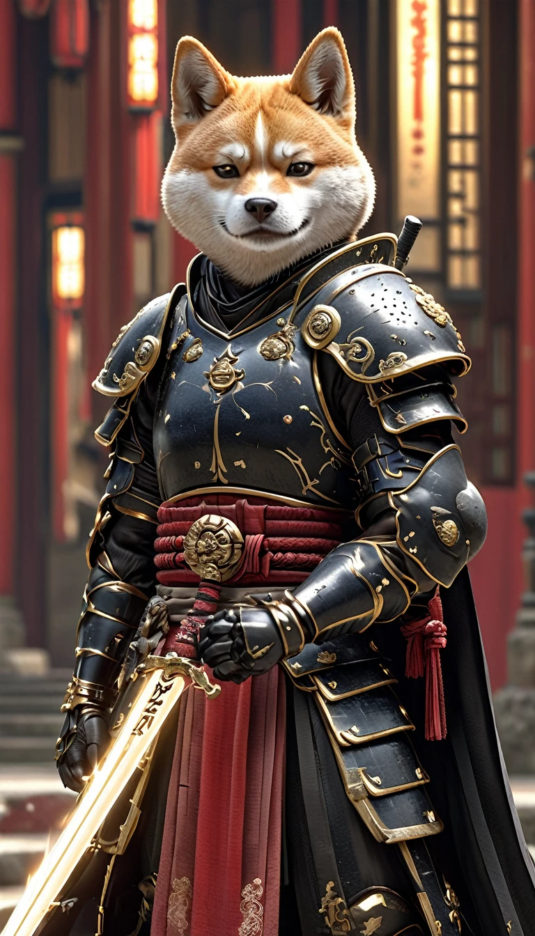 Shiba Inu Samurai,whole body, He has a Japanese sword charged with lightning., Wearing black armor and hakama haori, Japanese temple background, High resolution, masterpiece, Highest quality, Very detailed, Very detailed, Ultra-realistic,
Japan style, 3D Fluffy, Cute and adorable close-ups, Cute big round reflective eyes, Long fuzzy fur, Pixar Rendering, unreal engine Cinematic smooth, Exquisite detail, Cinematic