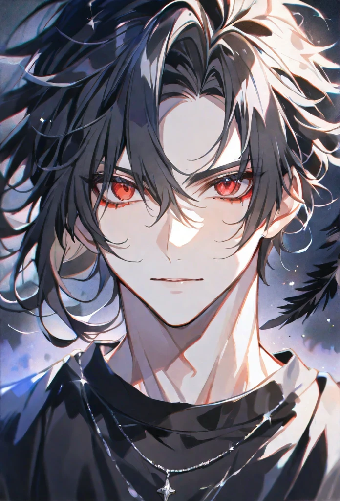 Solo,handsome,Watercolor,
delicate,4K,
1. male,
black hair and half White hair, ponytail,
red eyes,
black angel's feather,
a black oversized T-shirt,
silver necklace,
improvement of face, front, sparkle,
black background