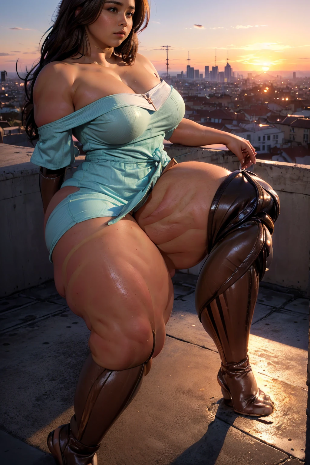 (Muscular:1.6), (thick thighs:2.4), (large round breasts:1), (large muscular chest and shoulders:1.4), FEMALE, brown hair, long brown hair, (big smile:0), (wearing a tight off the shoulder dress:1.5), looking at viewer, (three quarter view:1.2), upper body view, (city sunset:1.5), dark lighting, clean skin, detailed eyes, (dark skin:1.4), (very thin waist:1.3), (huge round muscles:1.5),