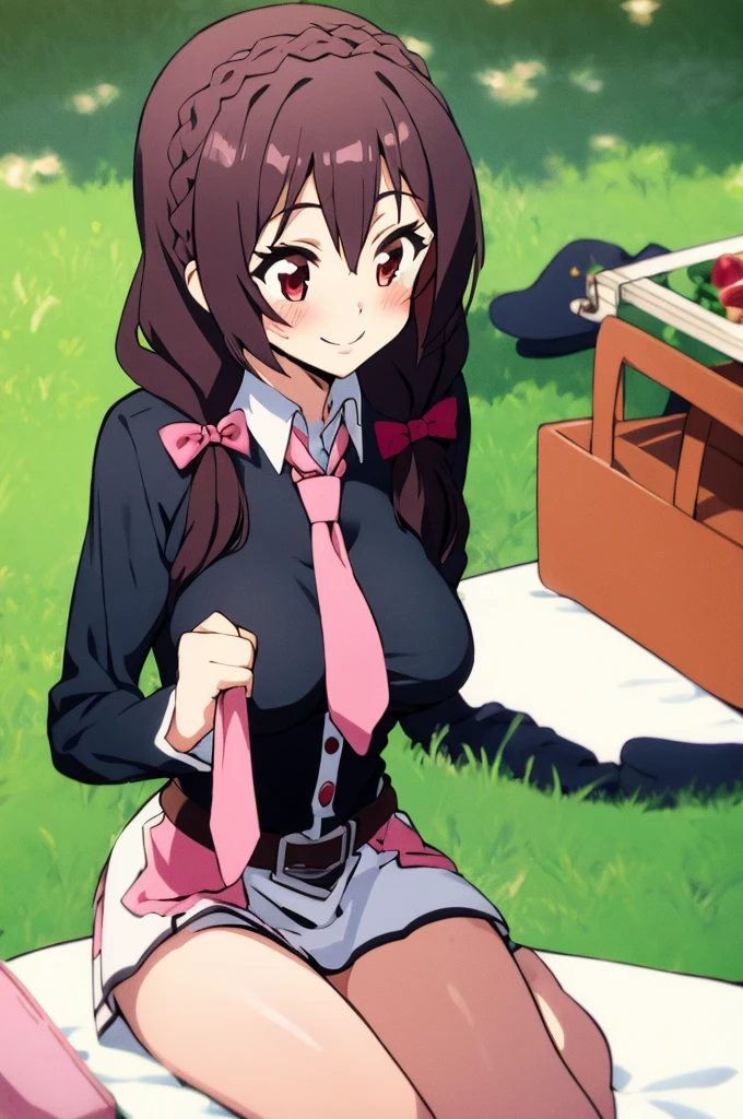 (masterpiece, Highest quality), One girl,    Yunyun,Long Hair,Braiding,Twin tails,Hair between the eyes,Red hair ribbon,hair ornaments,large round breasts,、Pink Skirt、Black Hair、Red Eyes、(Happy smile:1.2)、Crown Blade,Black Shirt, Long sleeve,Pink tie, belt, Cleavage cutout、cowboy shot、(blush:1.ung face、(Sitting on the grass having a picnic)