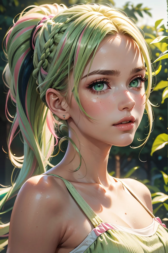 Portrait, photorealistic, realistic,
Girl, green eyes, clear skin, soft makeup, long streaked green/pink hair, {loose hair, updo hair, ponytail, braids}, realistic soft skin