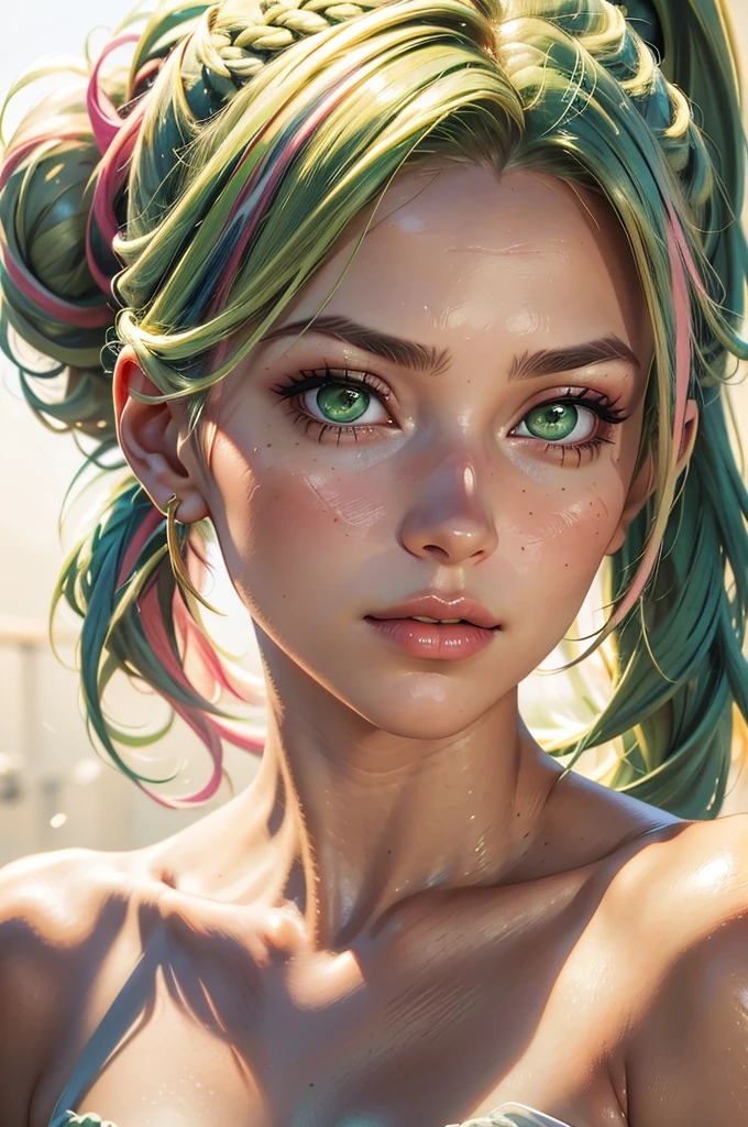 Tatsumaki (best qualtiy,8K,32K,tmasterpiece,hyper HD:1.3),Green hair,1个Giant Breast Girl,perfect bodies,Super detailed face,Bust photo,Very big breasts,Black hair,upperbody closeup huge nude big breats, ahegao face, nude tits