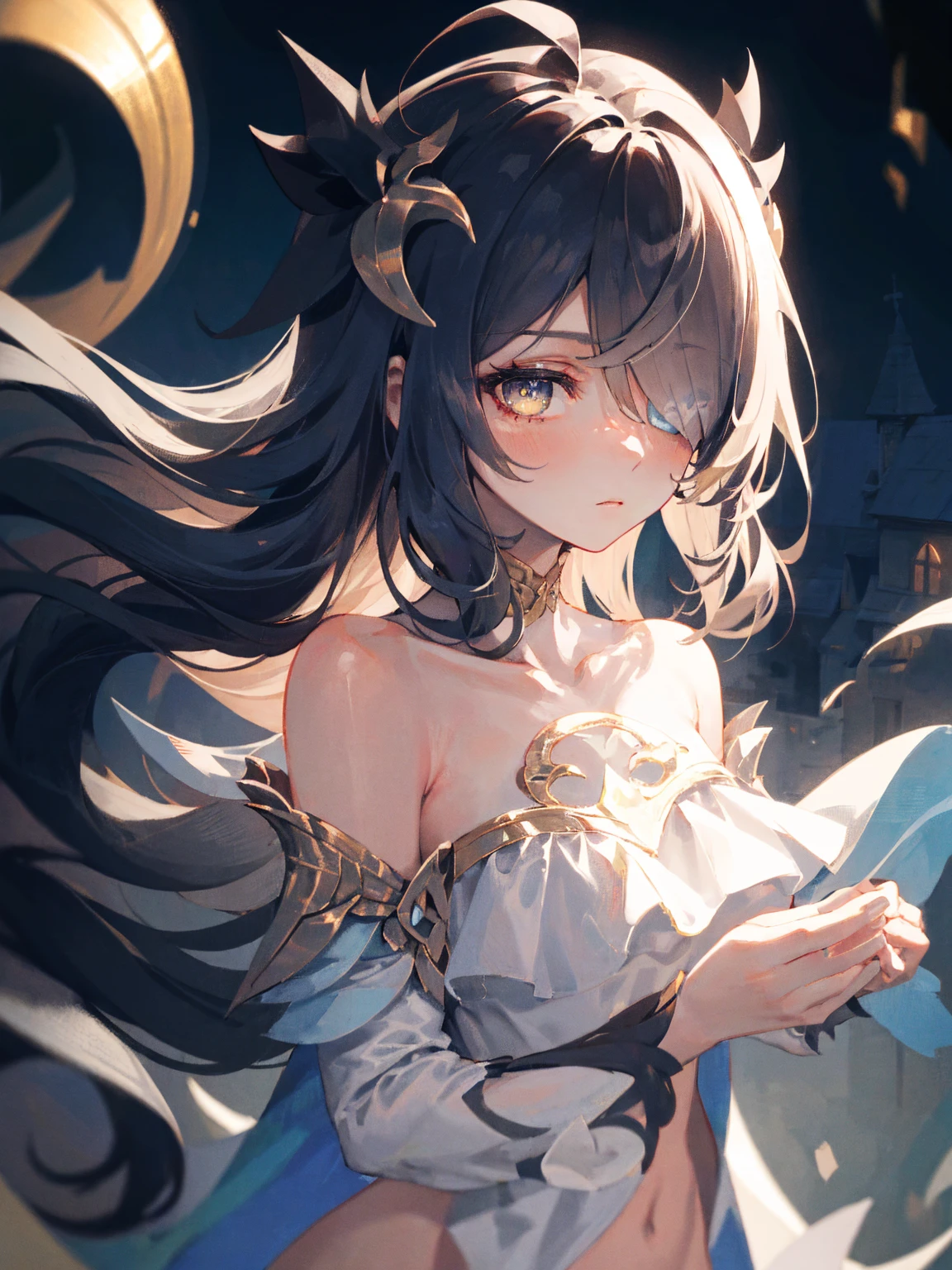 (Absurdres, Intricate Details, Masterpiece, Best Quality, High Resolution, 8k), 1 girl, thin, young, aged up, masked, finely detailed eyes and face, auburn low-fade hair, amber eyes, portrait, looking at viewer, solo, half shot, detailed background, (light fantasy theme:1.1), focusing, mercenary, sunshine, floating scraps, (hair over one eye), (heterochromia), detailed collarbone, perfect collarbone, (nude), (completely nude), divine aura, bright realistic lighting, marble castle, intense atmosphere, circlet, , Depth of Field, VFX