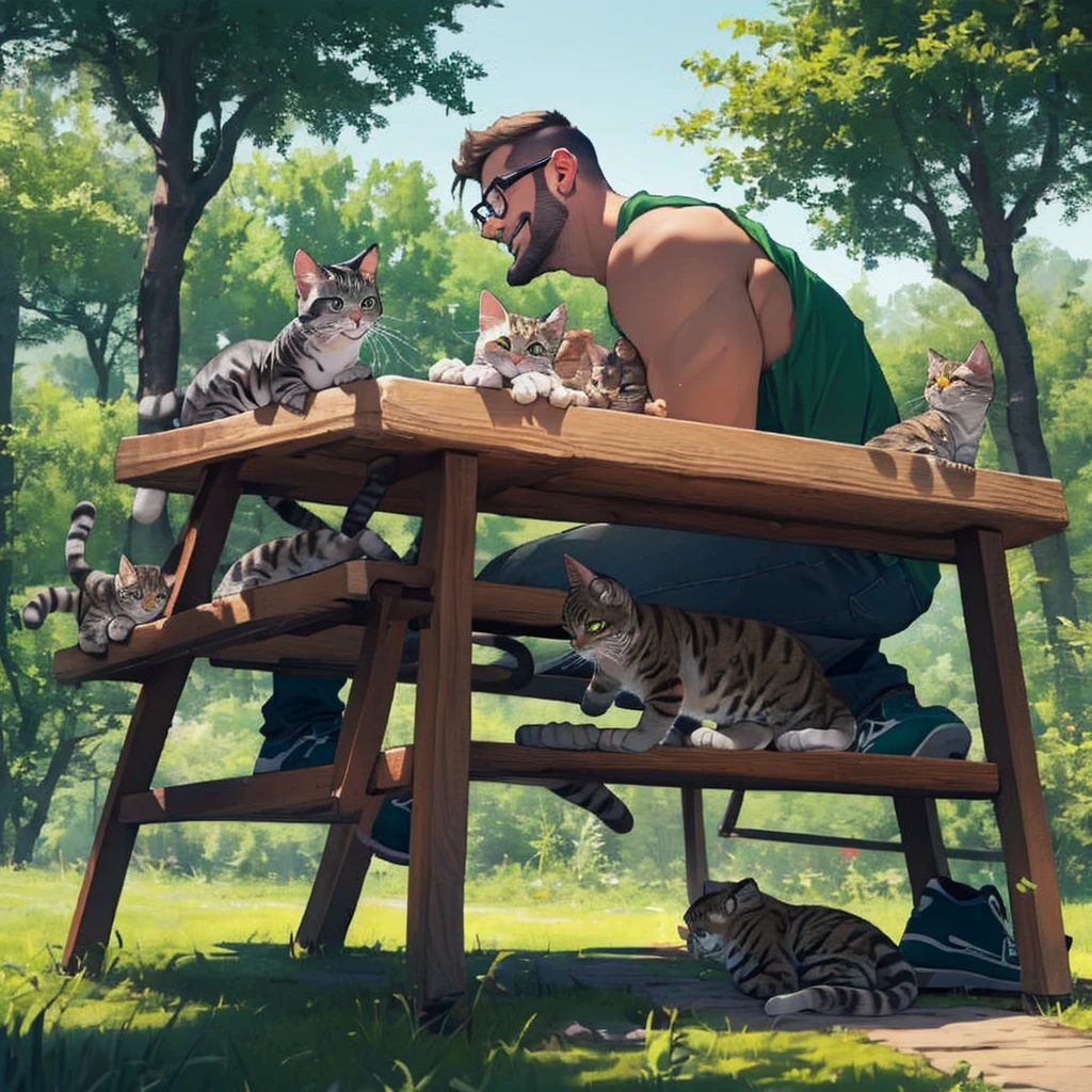 32k, solo man, 1man show, a man with a dark blond beard and well groomed ,a dark blond hair ,stephen amell wearing( glasses, topless and hairy chest ,(dark green short ),(dark green shoes),in a park,sitting on a table cloth spread on the grass near him a picnic basket and lot of kittens , high well detailed face fingers body parts focus, happy smile, happy cats, heart-warming sceme lot of cat cuddling , seen from the front to side