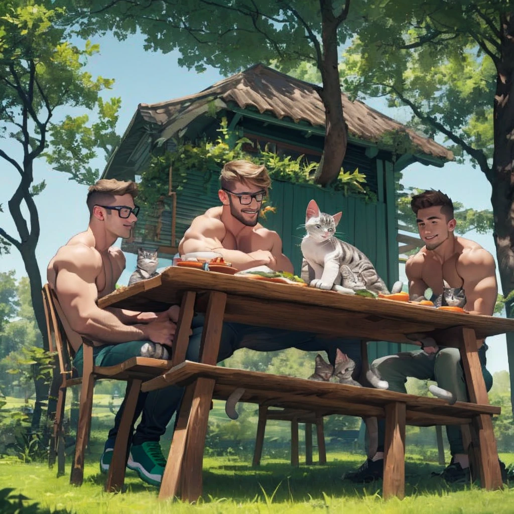32k, solo man, 1man show, a man with a dark blond beard and well groomed ,a dark blond hair ,stephen amell wearing( glasses, topless and hairy chest ,(dark green short ),(dark green shoes),in a park,sitting on a table cloth spread on the grass near him a picnic basket and lot of kittens , high well detailed face fingers body parts focus, happy smile, happy cats, heart-warming sceme lot of cat cuddling , seen from the front to side