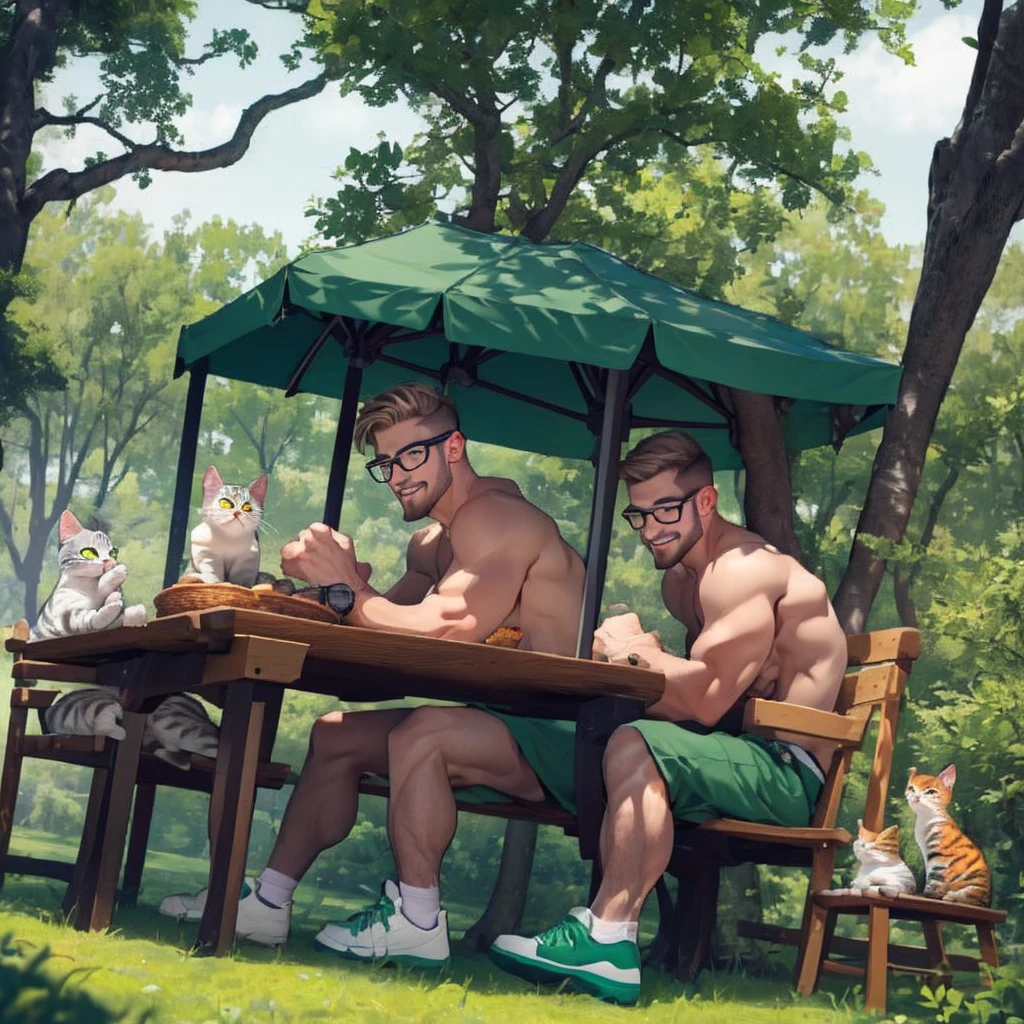 32k, solo man, 1man alone, a man with a dark blond beard and well groomed ,a dark blond hair ,stephen amell wearing( glasses, topless and hairy chest ,(dark green short ),(dark green shoes),in a park,sitting on a table cloth spread on the grass near him a picnic basket and lot of kittens , high well detailed face fingers body parts focus, happy smile, happy cats, heart-warming sceme lot of cat cuddling , seen from the front to side