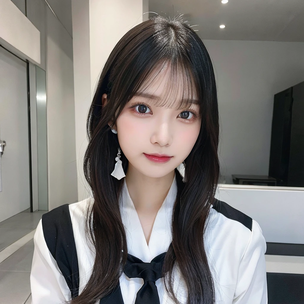 whiteroom, 1 person, Japanese woman, look at the camera, 24yo, H~I cup, model's expression, silver ratio, cool, middle black hair, idol uniform, erotic, eye color brown, dimples,