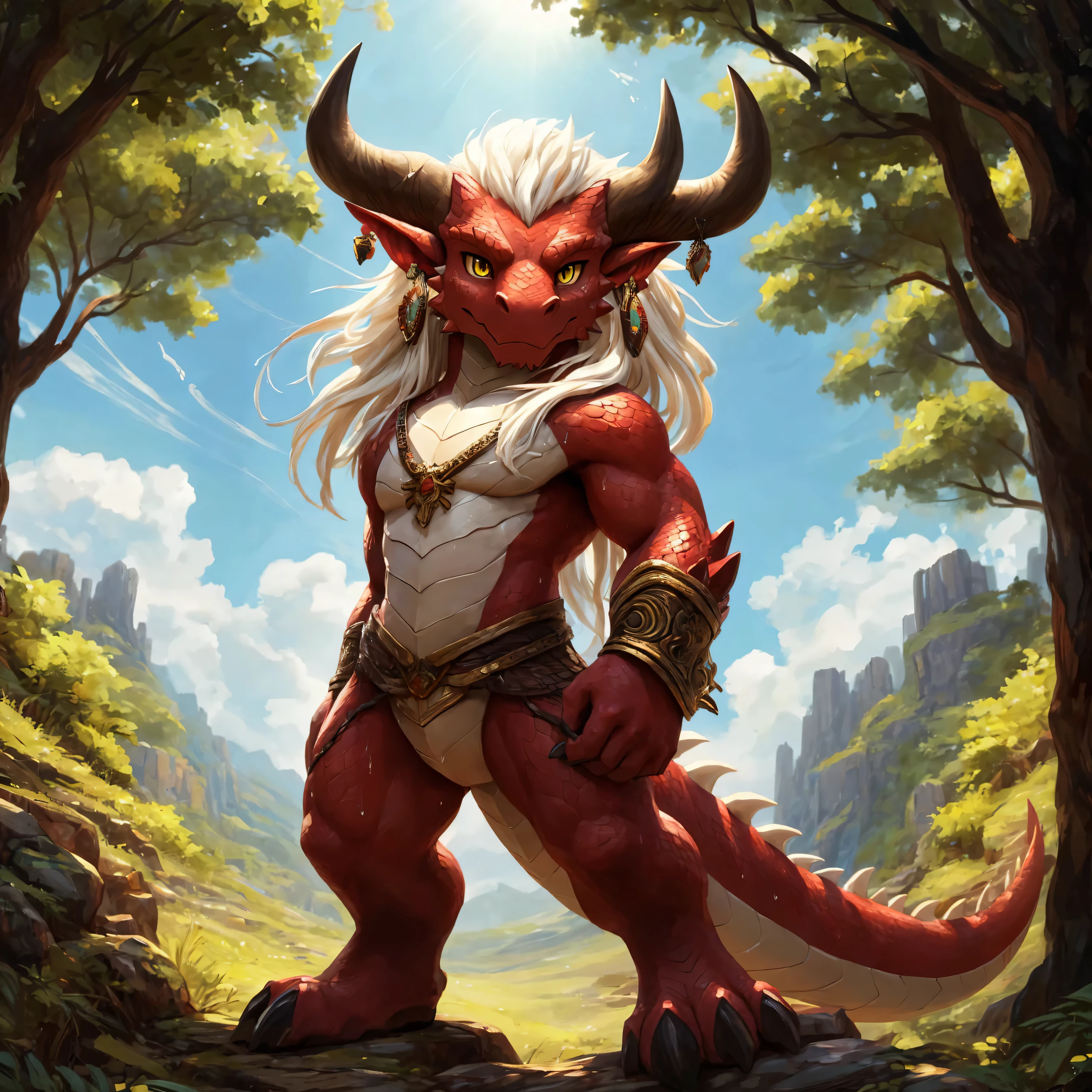 ultra-detailed, masterpiece, masterwork, high quality, best quality, hdr, (nature), nsfw, male, solo, chibi, dragon, ((brief)), (little red body minotaur), (white body), (long golden hair, yellow eyes, cool eyes), standing, cross your arms, dynamic angle, earrings, sweat