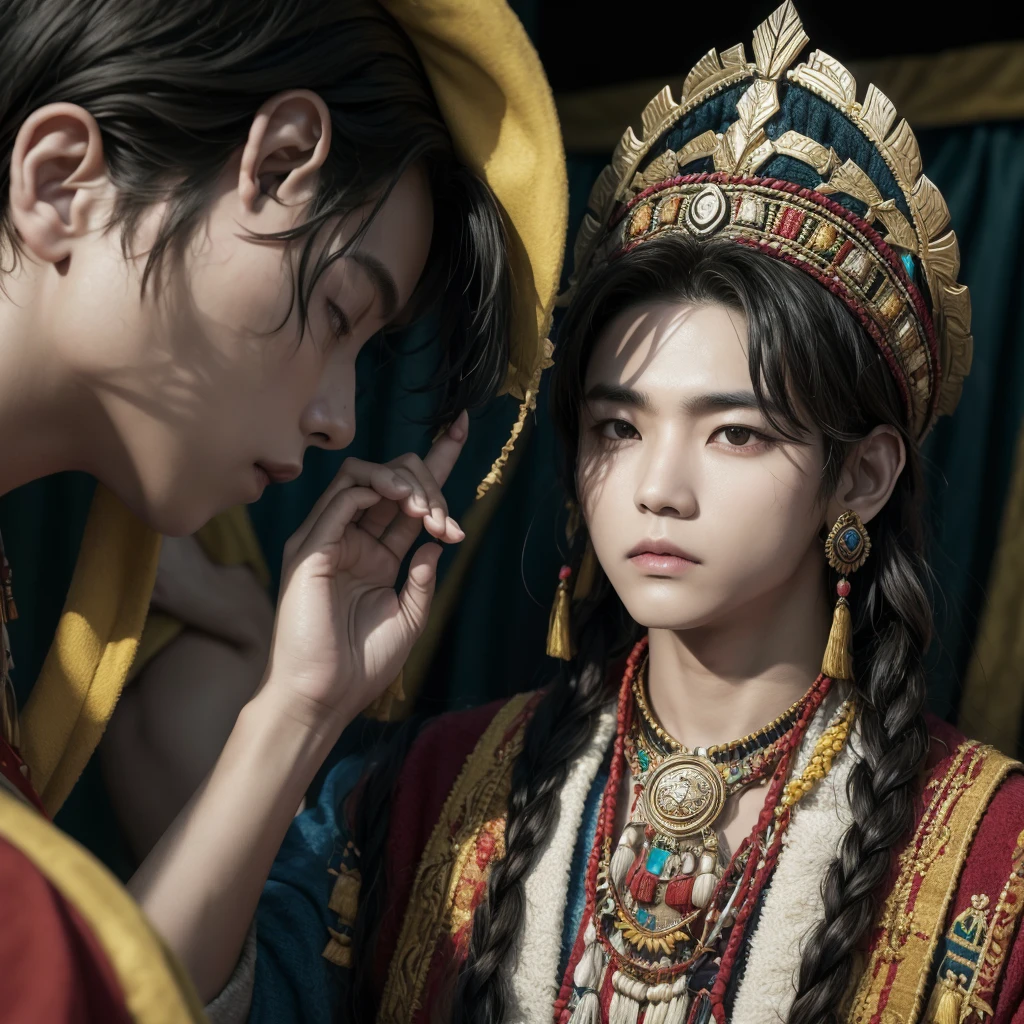 Hyunjun hur actor and kpop idol more realism in hair and clothing hair orange, Peru, inca Create a representation of an inca sitting on his throne, surrounded by riches and tributes. Imagine an Inca warrior leading his army into battle. Design a detailed portrait of an Inca dressed in his best outfits and jewelry. Draw an illustration of an Inca participating in a sacred ritual at a temple. Create an image of an Inca walking through the gardens of Machu Picchu, contemplating the majesty of the citadel. Design a mural that represents the daily life of the Incas in their empire. Imagine an Inca hunting in the Andes, surrounded by mountainous landscapes. Draw an illustration of an Inca celebrating a traditional festival with his people. Create an artistic representation of an Inca receiving tribute from different regions of the empire. Design a scene of an Inca consulting a shaman to make important decisions. Crea una imagen de un inca del Perú con cabello naranja brillante, pecas en todo el rostro y unos impresionantes ojos verdes brillantes. Imagina al dios Inti con rasgos faciales inspirados en el idol de Kpop Lee Know de Stray Kids, con su característico encanto y carisma. Fusiona la esencia de la cultura inca con la estética del Kpop al representar a este ser divino con una apariencia única y moderna. Haz que la imagen transmita una combinación de fuerza y delicadeza, reflejando la dualidad entre la conexión con la naturaleza y la influencia de la cultura pop contemporánea. Utiliza colores vibrantes y detalles precisos para crear una imagen impactante que combine lo tradicional con lo moderno de una manera sorprendente.