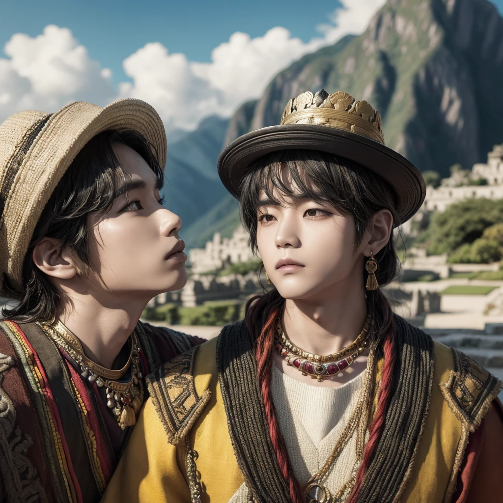 Hyunjun hur actor and kpop idol more realism in hair and clothing hair orange, Peru, inca Create a representation of an inca sitting on his throne, surrounded by riches and tributes. Imagine an Inca warrior leading his army into battle. Design a detailed portrait of an Inca dressed in his best outfits and jewelry. Draw an illustration of an Inca participating in a sacred ritual at a temple. Create an image of an Inca walking through the gardens of Machu Picchu, contemplating the majesty of the citadel. Design a mural that represents the daily life of the Incas in their empire. Imagine an Inca hunting in the Andes, surrounded by mountainous landscapes. Draw an illustration of an Inca celebrating a traditional festival with his people. Create an artistic representation of an Inca receiving tribute from different regions of the empire. Design a scene of an Inca consulting a shaman to make important decisions. Crea una imagen de un inca del Perú con cabello naranja brillante, pecas en todo el rostro y unos impresionantes ojos verdes brillantes. Imagina al dios Inti con rasgos faciales inspirados en el idol de Kpop Lee Know de Stray Kids, con su característico encanto y carisma. Fusiona la esencia de la cultura inca con la estética del Kpop al representar a este ser divino con una apariencia única y moderna. Haz que la imagen transmita una combinación de fuerza y delicadeza, reflejando la dualidad entre la conexión con la naturaleza y la influencia de la cultura pop contemporánea. Utiliza colores vibrantes y detalles precisos para crear una imagen impactante que combine lo tradicional con lo moderno de una manera sorprendente.