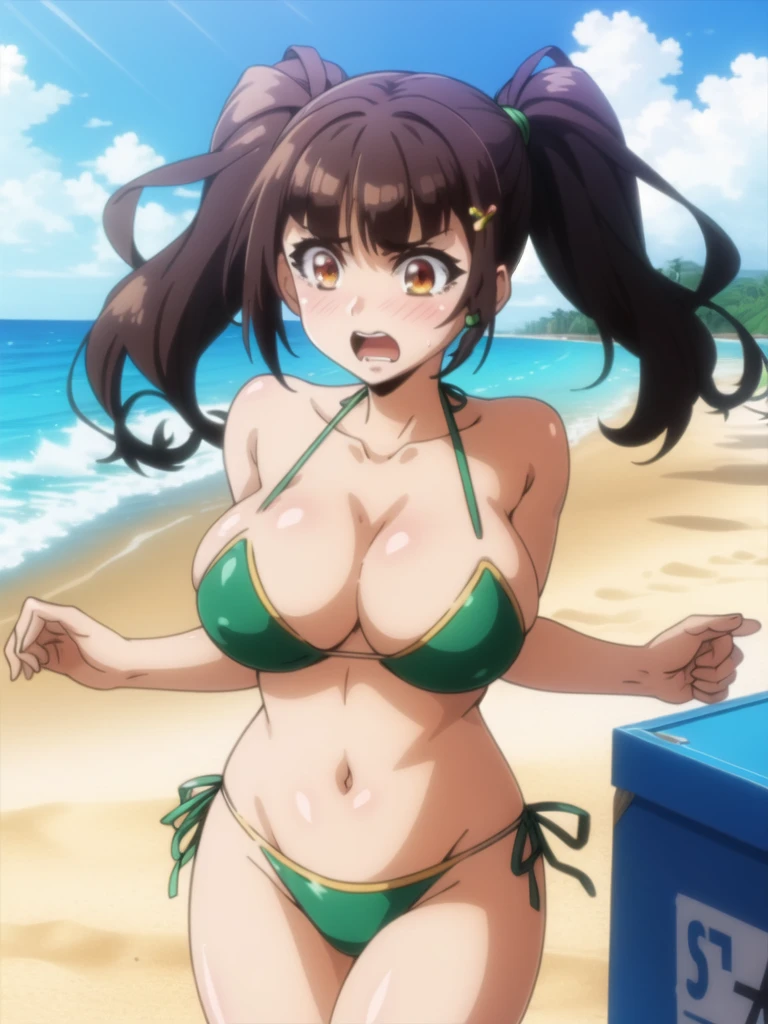 masterpiece, Highest quality, Raphael, Twin tails, Beach, Embarrassing, Feeling embarrassed, cowboy shot, green micro bikini, Looking at me, (large breasts), Bouncy, Her breasts are shaking, Bouncing , running, open mouth,