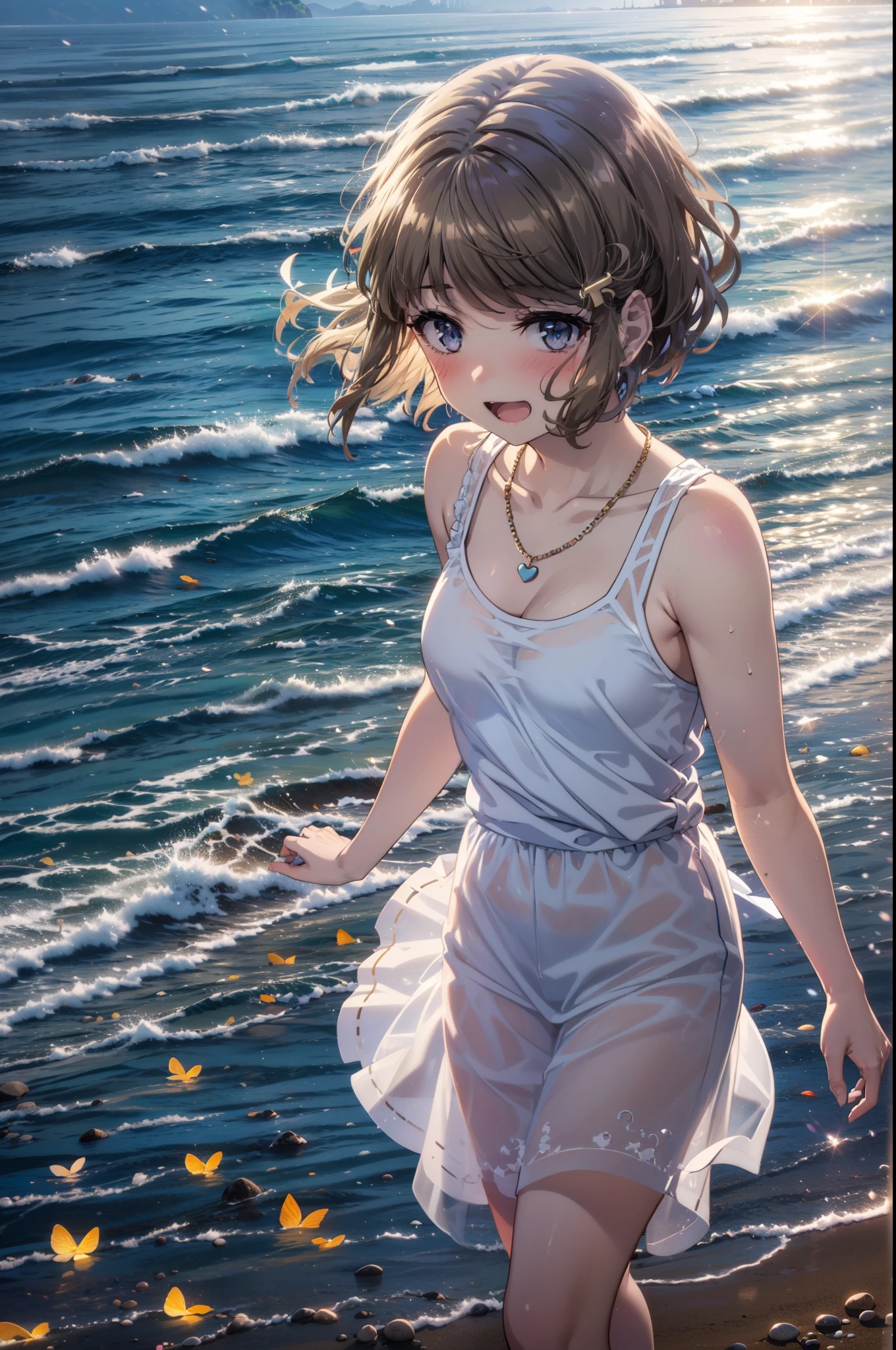 tomoekoga, Chie Koga, Long Hair, Brown Hair, blue eyes, Hair Clip,happy smile, smile, Open your mouth,Yellow tank top shirt,No sleeve,Shell Necklace,Long skirt,barefoot,Walking,True Summer,Daytime,Hair is fluttering in the wind,Sandy Beachで散歩している,whole bodyがイラストに入るように,
break outdoors, Sandy Beach,Beach,
break looking at viewer, whole body,
break (masterpiece:1.2), Highest quality, High resolution, unity 8k wallpaper, (figure:0.8), (Beautiful attention to detail:1.6), Highly detailed face, Perfect lighting, Highly detailed CG, (Perfect hands, Perfect Anatomy),