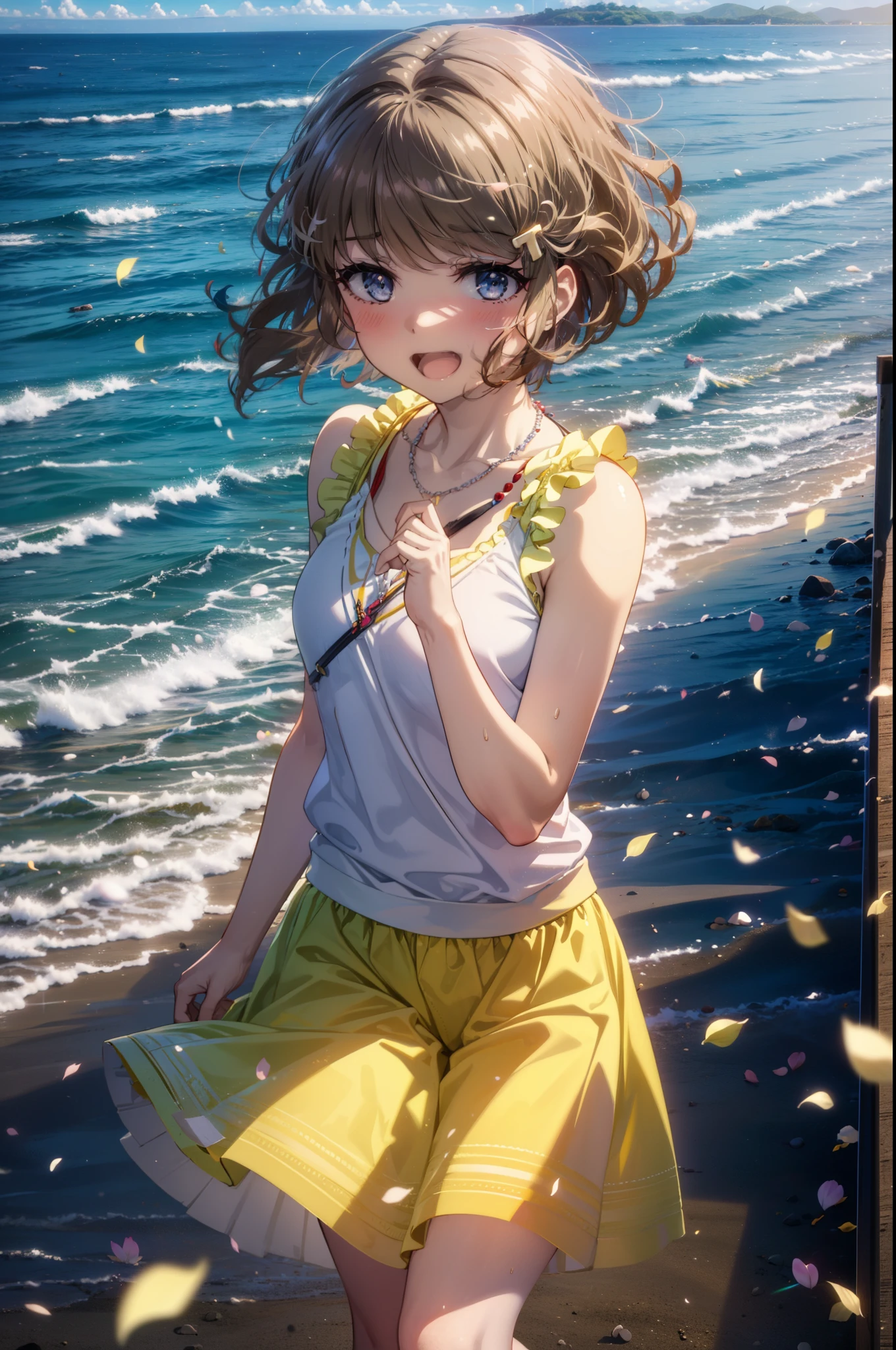 tomoekoga, Chie Koga, Long Hair, Brown Hair, blue eyes, Hair Clip,happy smile, smile, Open your mouth,Yellow tank top shirt,No sleeve,Shell Necklace,Long skirt,barefoot,Walking,True Summer,Daytime,Hair is fluttering in the wind,Sandy Beachで散歩している,whole bodyがイラストに入るように,
break outdoors, Sandy Beach,Beach,
break looking at viewer, whole body,
break (masterpiece:1.2), Highest quality, High resolution, unity 8k wallpaper, (figure:0.8), (Beautiful attention to detail:1.6), Highly detailed face, Perfect lighting, Highly detailed CG, (Perfect hands, Perfect Anatomy),