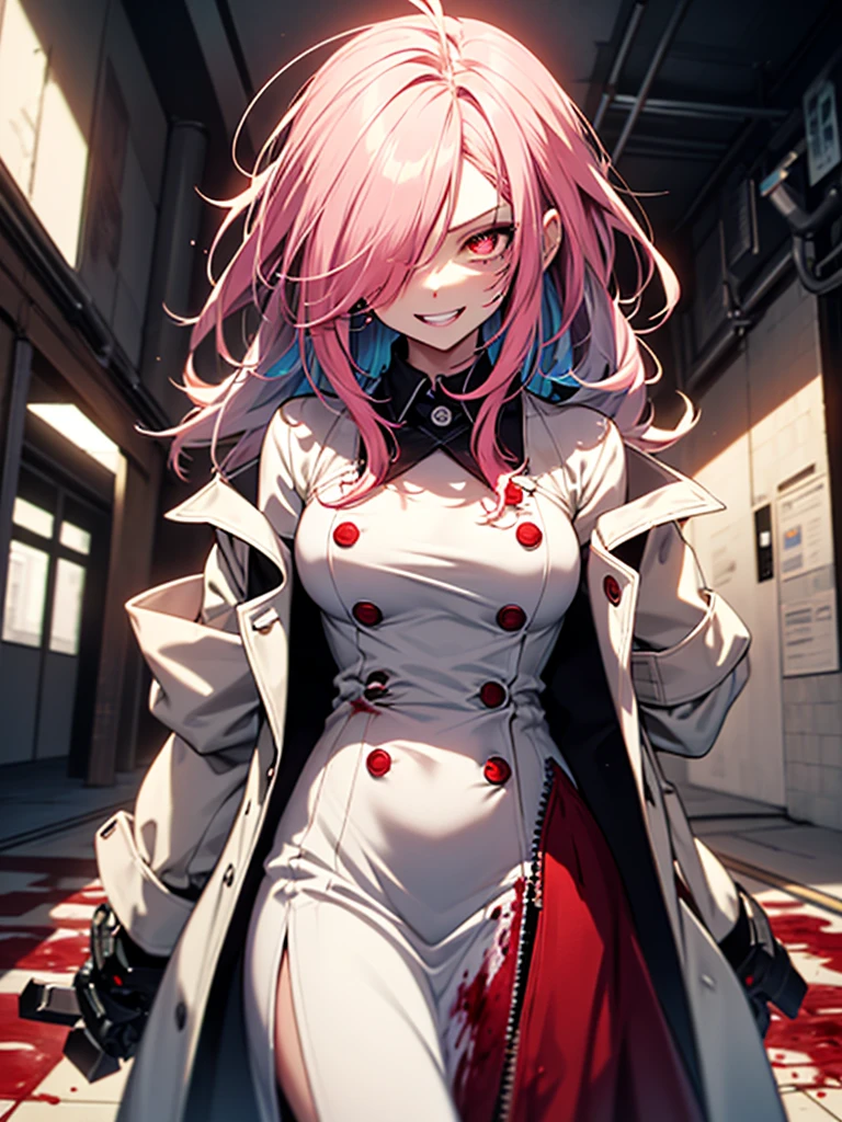 1girl, long hair, teeth, solo, blood on clothes, sharp teeth, red eyes, smile, looking at viewer, blood, hair between eyes, white hair, dress, pink hair, white dress, bangs, blood on hands, claws, messy hair, indoors, colored skin, grin, glowing, buttons, glowing eyes, blood on face, cowboy shot, fingernails, horror (theme), eyes visible through hair, parted lips, open mouth, standing, science fiction, very long hair, breasts, floating hair, blood in hair, crazy eyes, crazy smile, ringed eyes, ahoge, skirt, extra arms, white skin, evil smile, mechanical arms, pale skin, monster girl, white skirt, small breasts, long sleeves, blood stain, wooden floor, hand up, zipper, sharp fingernails, evil grin, hallway, extra eyes, shirt, hand on own face, monster, red theme, red skin, labcoat, tube, prosthesis, dutch angle, @_@, pleated skirt, eyelashes, oversized limbs, sidelocks, long fingernails, signature, blood splatter, hair over one eye, fang, door, blood on arm, red hair, fangs, pink eyes, prosthetic arm, medium breasts, blush, multicolored hair, mechanical parts, head tilt, antenna hair, artist name, slit pupils, window, upper body, light, symbol-shaped pupils, red pupils, white shirt, :d, short sleeves, clenched teeth, cable, red sclera, veins, train interior, zipper pull tab, jewelry, collared dress, colored eyelashes, double-breasted, pleated dress, albino, coat, from below, wide-eyed, fisheye, shaded face, ceiling, looking down, white coat, shadow, cyborg,