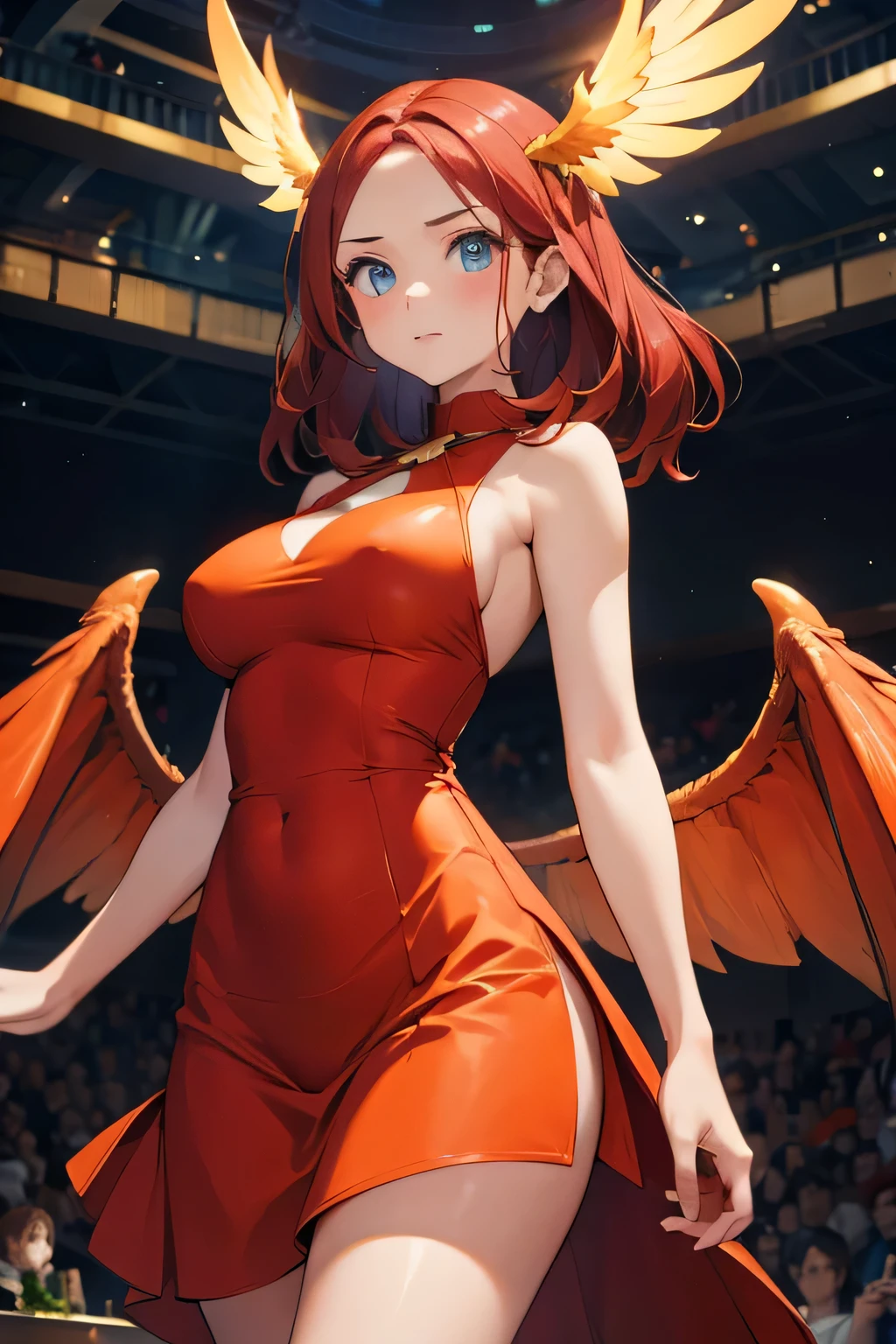 1 girl, single girl, cute, long red hair, light blue eyes, serious face, big breasts, big hips, fire-colored phoenix wings, wings in shades of orange to yellow, large two-meter wings, red silk dress, V-cut dress, sexy red dress, small feathers on the cheeks, at a gala party, ballroom