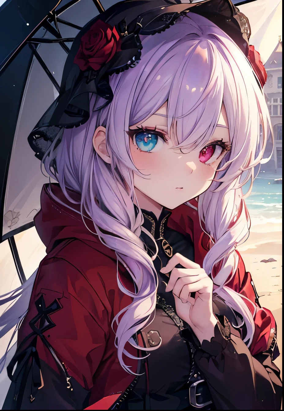 ((sand漠, sand, sand丘, Refraction effect, sun)), (masterpiece, Highest quality), (One girl), (alone), ((Portraiture)), Perfect Face, ((Heterochromia iridis, Blonde and purple hair, ((Red long parka)), Gothic unnecessary belts are everywhere, Mole under the eye)), the background is a beautiful sand漠 with cactus, Tumbleweed, Cinematic Light, sunny day, Dramatic lighting, Super detailed, 8K, watercolor, Dainty, delicate (Gothic Lace, Gothic Rose, Goth aesthetic)