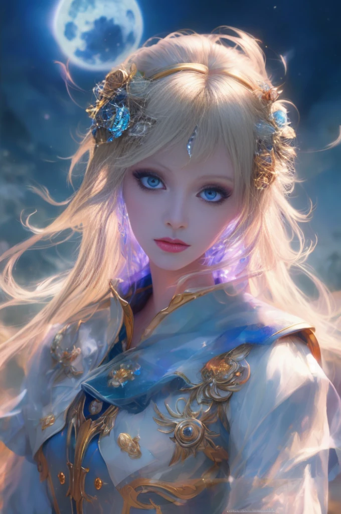 Blonde woman,Blue eyes,Background with full moon, Portrait of the Zodiac Girl Knight, Beautiful celestial magician, Anime fantasy illustration, author:Yang J, Zodiac Knight Girl, Fantasy art style, Guvitz, digital fantasy art ), Fanart Best Art Station, Beautiful digital artwork, portrait painted by ross, Detailed digital anime art, rossdraws sakimimichan