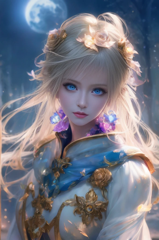 Blonde woman，Blue eyes，Background with full moon, Portrait of the Zodiac Girl Knight, Beautiful celestial magician, Anime fantasy illustration, author：Yang J, Zodiac Knight Girl, Fantasy art style, Guvitz, digital fantasy art ), Fanart Best Art Station, Beautiful digital artwork, portrait painted by ross, Detailed digital anime art, rossdraws sakimimichan