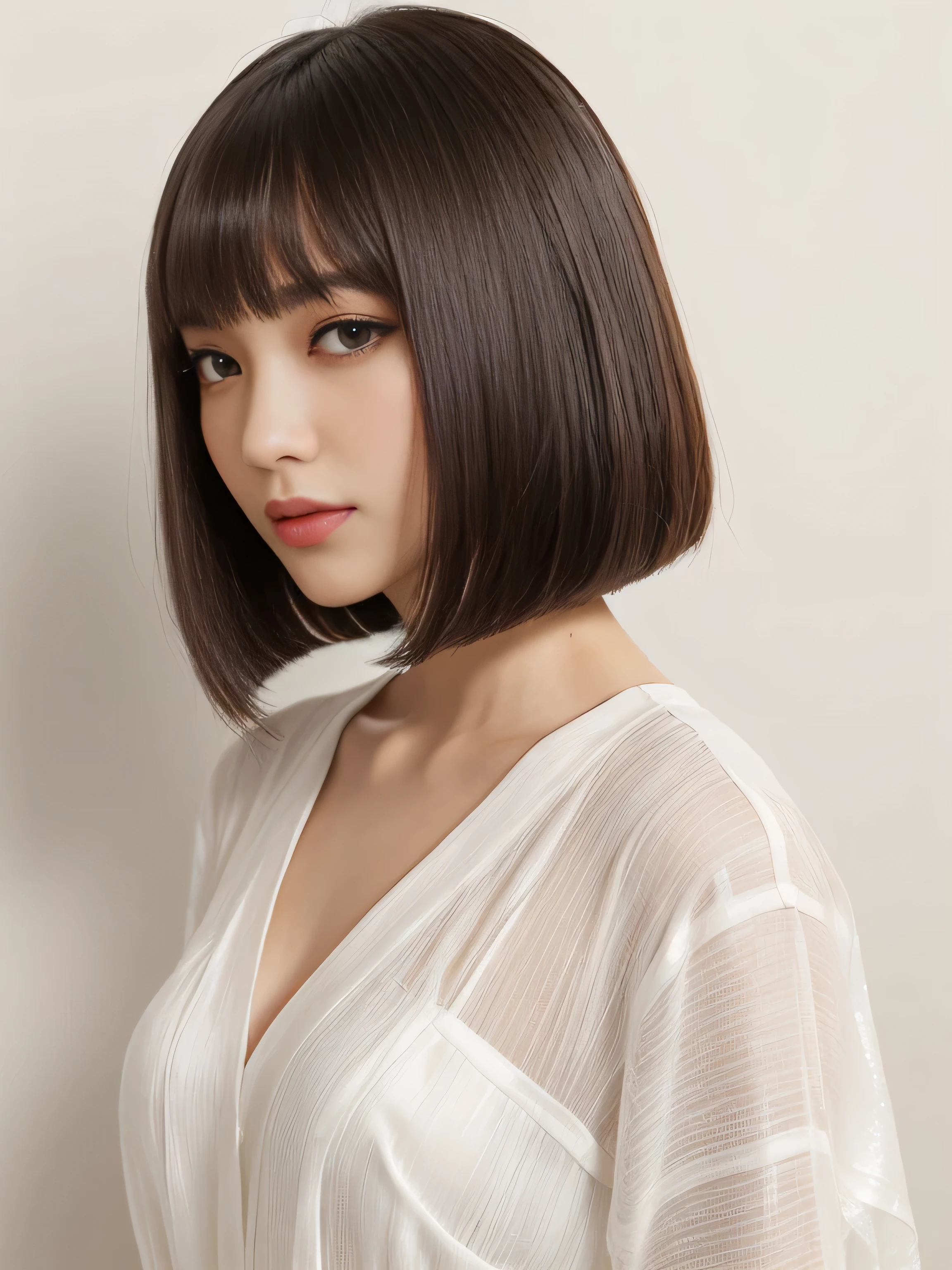 1 female (Close up of her face:1.7!!!) (She turns to the viewer and has a very sexy look!!!!!) (((Her hair color is the perfect light brown..:1.8!!))) ((Her hair is very straight!!!)) (Her bangs are neatly trimmed そして straight down.:1.4) ((Highest quality)) ((masterpiece)) (family friendly) (Get used to it) (White wall background!!!!!) (The most beautiful そして sensual 24-year-old cosmetics model in Japan) (((Her hair is a very straight bob cut that reaches just above her shoulders.!!!.))) (Highest quality&Highly detailed black hair her hair is beautiful, There is a volume and、、Very shiny.、Very beautiful silky hair Beautiful silky hair Shiny Hair Her hair is very straight) (She received a sensual make-up by a professional make-up artist... Exquisite texture:1.4 Bright red lipstick!!! Beautiful black eyeliner) Perfect Woman'face (Her face is dignified そして sexy) ((Her eyebrows are very thin:1.8)) Perfect Woman'face (Her face shape is thinner than average:1.8) (Her eyes are larger than average:1.8 Her nose is higher than average:1.8) (She has a typical Japanese build そして skin color..., Her skin is very high quality and ultra high definition.、very beautiful そして glowing skin) (Her face is dignified and sexy) ((Rich 1.4)) (Extremely detailed 8K) (Ultra-fine skin texture 1.4) (current, Vibrant:1.4), Sharp focus:1.2、Beautiful woman:1.4 Dynamic Lighting (Genuine RAW photos taken by professional photographers) (Surreal photos by professional photographers :1.2)