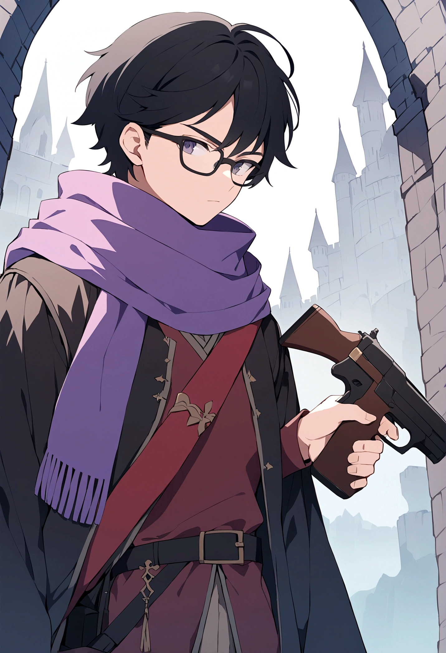 Male gender person, set in a fantasy world, 17 years, short black hair, black glasses, purple scarf, black and red medieval style clothing, with a gun in his hand