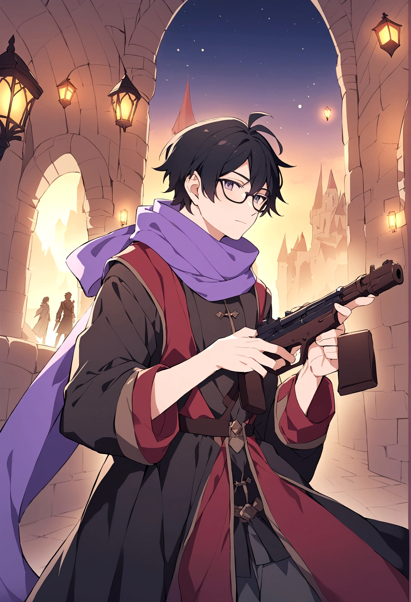 Male gender person, set in a fantasy world, , short black hair, black glasses, purple scarf, black and red medieval style clothing, with a gun in his hand