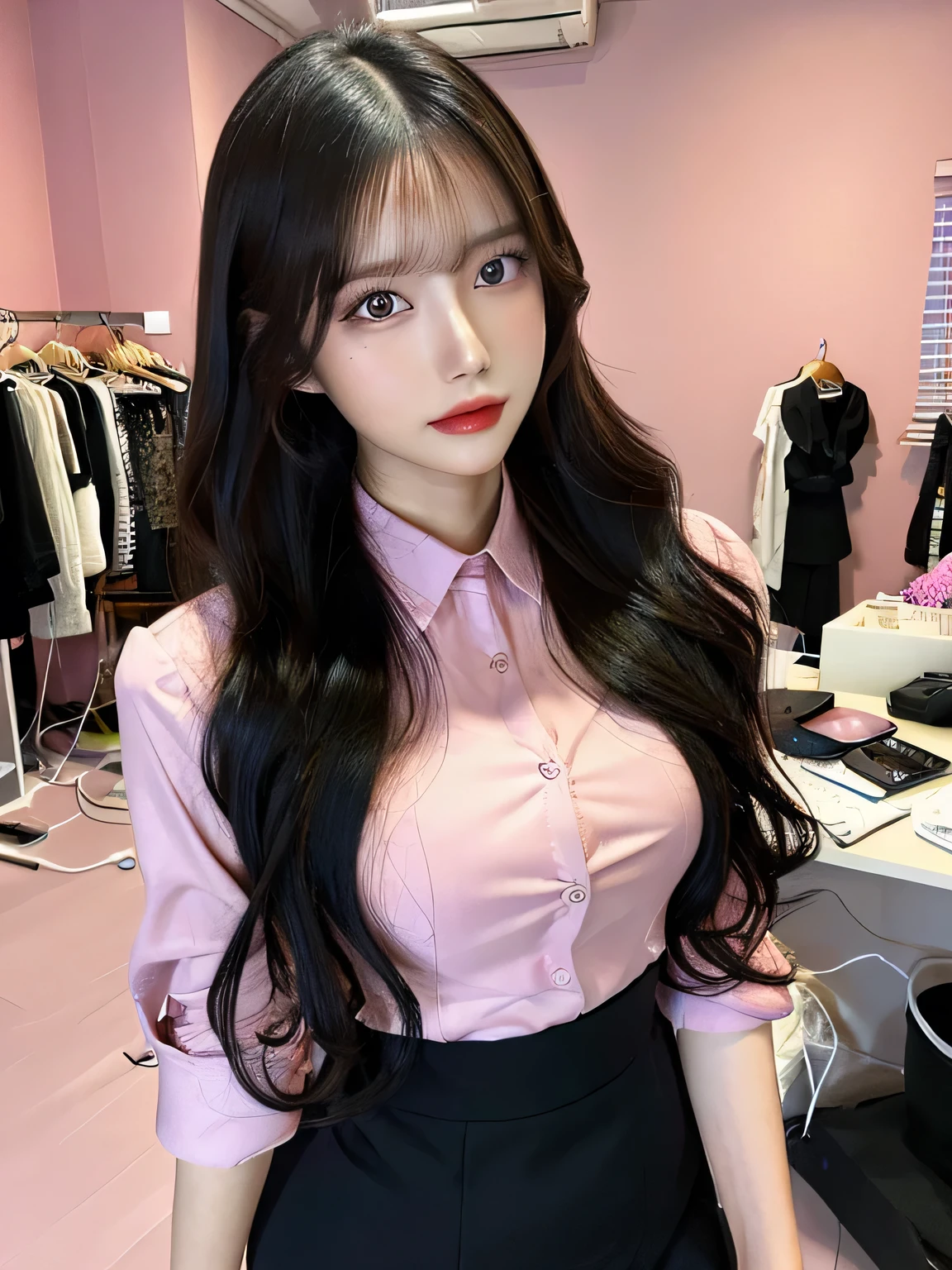 best qualtiy,tmasterpiece,超A high resolution,(realisticlying:1.4),
1girll,long curly black hair,Rich in detail,office dress, shirt, Deep shading, beautiful pink room,