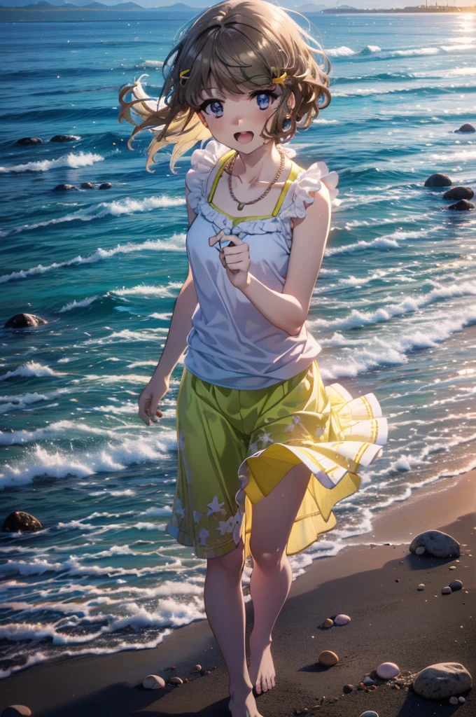 tomoekoga, Chie Koga, Long Hair, Brown Hair, blue eyes, Hair Clip,happy smile, smile, Open your mouth,Yellow tank top shirt,No sleeve,Shell Necklace,Long skirt,barefoot,barefoot,Walking,True Summer,Daytime,Hair is fluttering in the wind,Sandy Beachで散歩している,whole bodyがイラストに入るように,
break outdoors, Sandy Beach,Beach,
break looking at viewer, whole body,
break (masterpiece:1.2), Highest quality, High resolution, unity 8k wallpaper, (figure:0.8), (Beautiful attention to detail:1.6), Highly detailed face, Perfect lighting, Highly detailed CG, (Perfect hands, Perfect Anatomy),