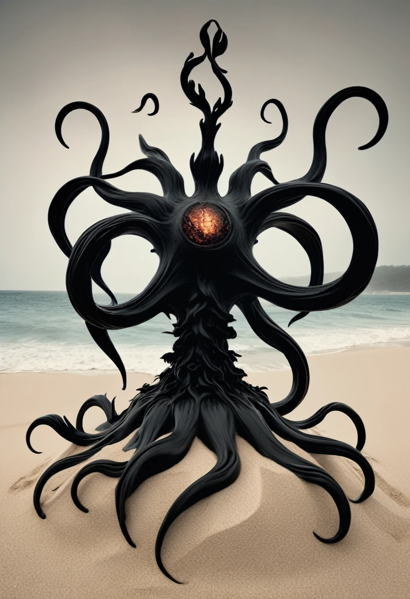 Shocking visual art, a new interpretation of pop art, a strange and disturbing atmosphere, a breathless force, a woman sitting on top of a sandy beach, a surrealist sculpture inspired by Igor Morski, tumblr, gothic art, woman made of black flames, dark goddess with six arms, female humanoid creature