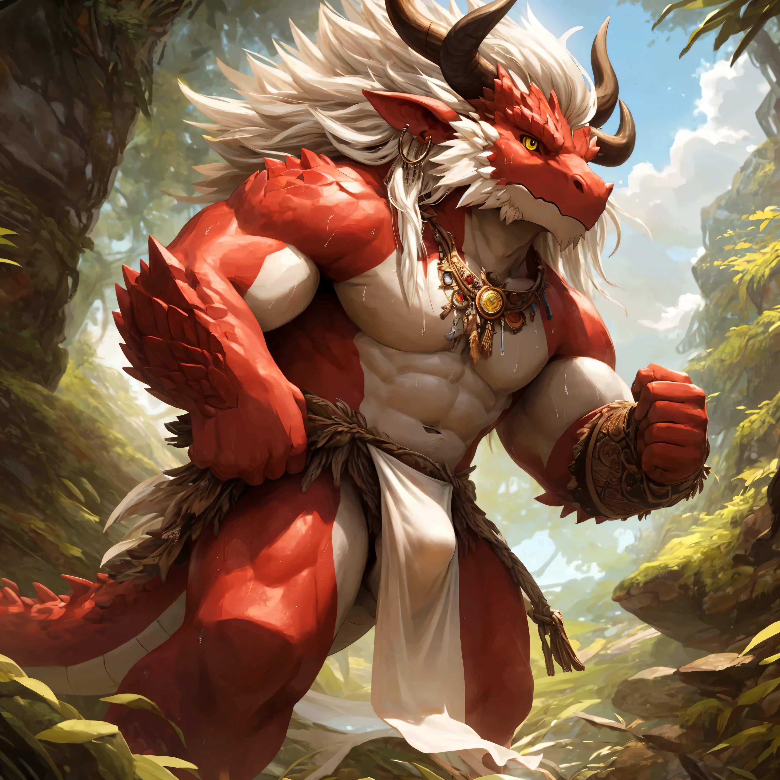 ultra-detailed, masterpiece, masterwork, high quality, best quality, hdr, (nature), nsfw, male, solo, chibi, dragon, ((nude, bulge loincloth, white loincloth)), (little red body minotaur), (white body), (long golden hair, yellow eyes, cool eyes), standing, cross your arms, dynamic angle, earrings, sweat