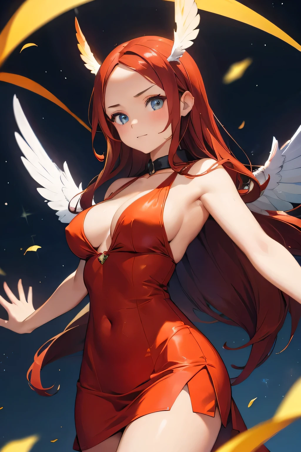 1 girl, single girl, cute, long red hair, light blue eyes, serious face, big breasts, big hips, fire-colored phoenix wings, wings in shades of orange to yellow, large two-meter wings, red silk dress, V-cut dress, sexy red dress, small feathers on the cheeks, at a gala party, ballroom