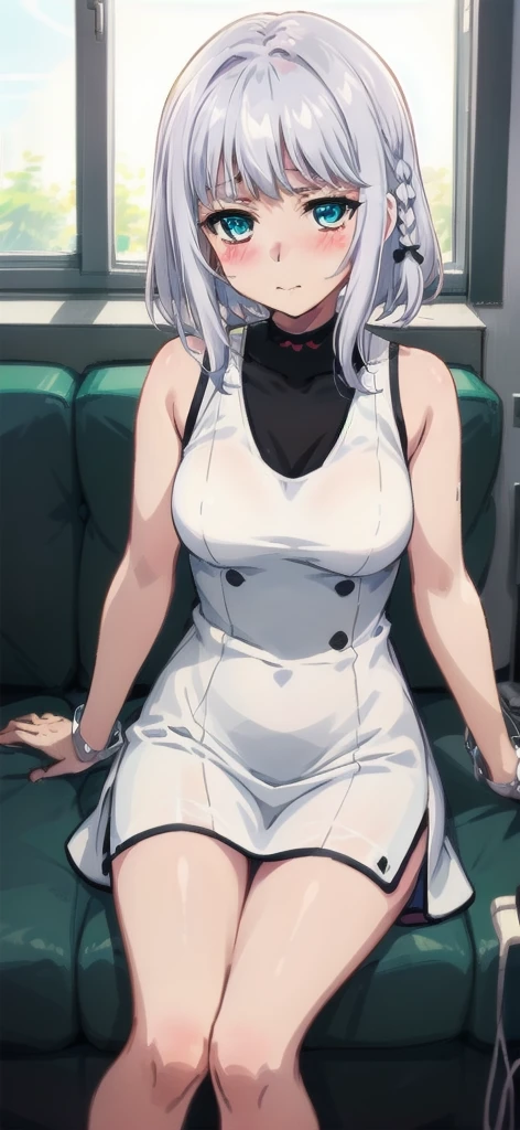 1 girl, kanon kanase, , blush, medium breasts, sleeveless,(((stylish dress))), sitting indoors, 20-year-old, healthy skin.