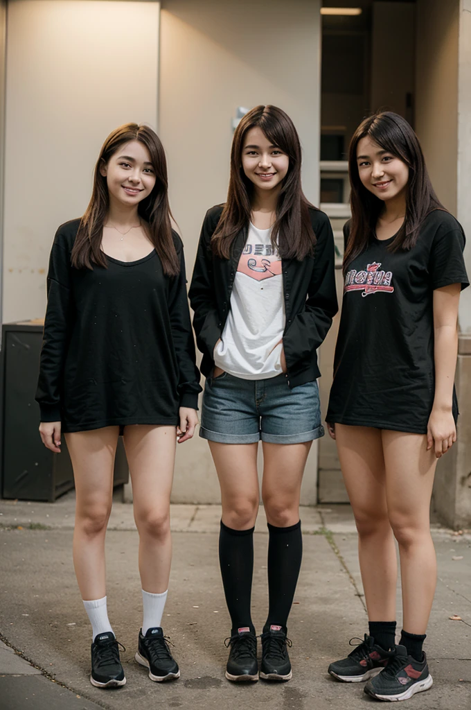 Please make a girl anime character, three friends, both introverts, standing pose while smiling